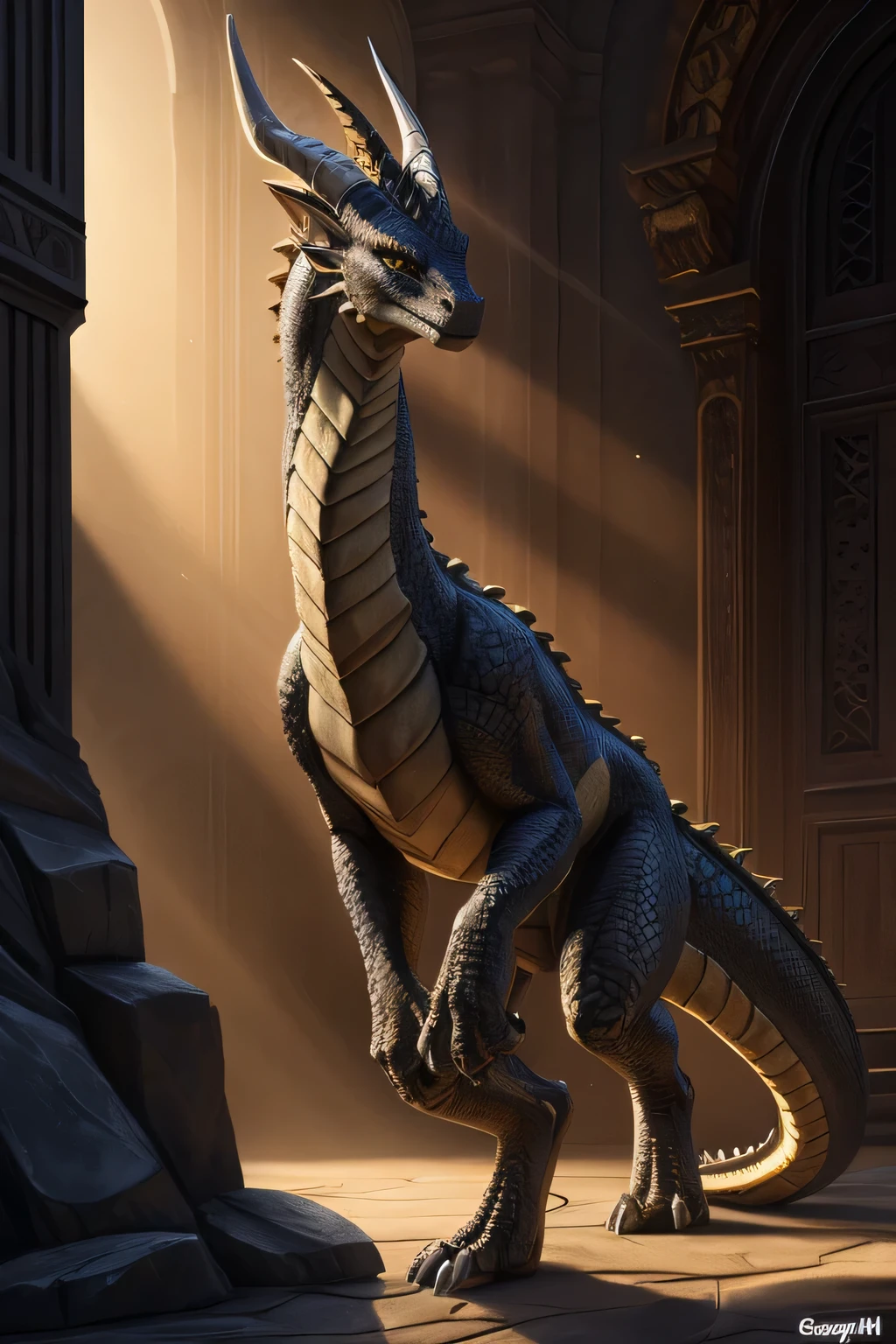 a seductive anthro female dragon with long neck, long horns, gold-colored eyes, stone scales, digitigrade legs, natural lighting, solo, grey scales, geppei5959 style, Foxovh style, intricate details, hyper realistic, cinematic lighting, dramatic pose, photorealistic, 8k, masterpiece