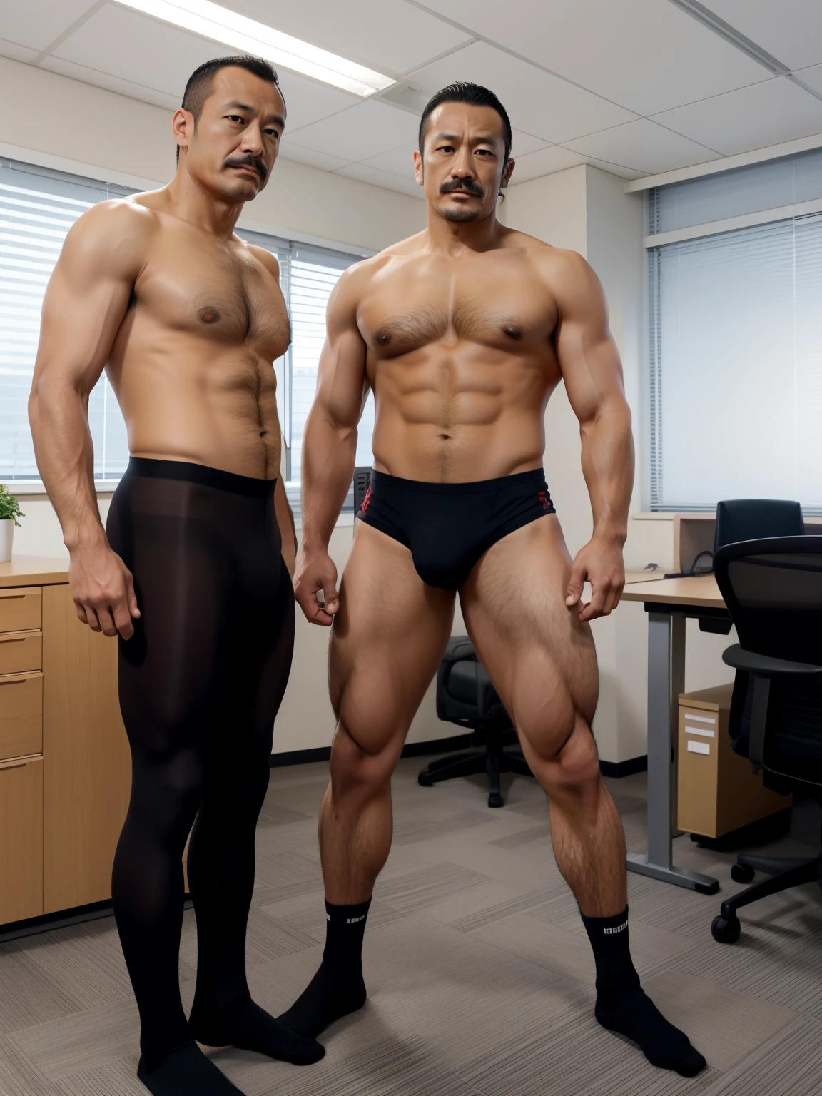 40 years old,Hidetoshi Nakata,(Kogoro Mori 1.3),whole body,Black socks,Two skinny muscular men standing,office,Thick body hair,Red underwear,Topless,Densely hairy,Fortitude,HD,With a mustache,Tights