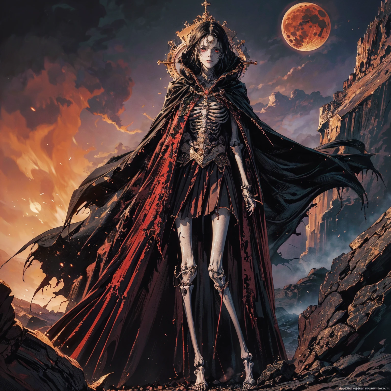 full-body shot, best quality, 4K, high resolution, masterpiece, Very detailed, Mood lighting, An undead girl in a long cape, Whole body including hands & arms & legs & feet are all skeleton bones but except the head is still beautiful human face, Wearing a ragged gothic skirt, Aloofness emotion, Dangerous sneer, Black Hair, Standing, Facing the camera, Crucified, Pitch black sky, Blood-red moon, strange atmosphere, Gothic style, Unforgettable beauty, Dramatic shadows, Ethereal Light, Mysterious atmosphere.