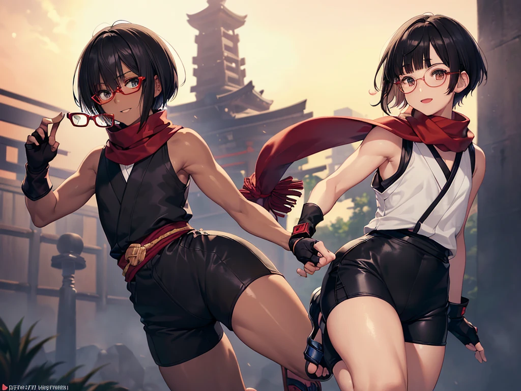 (flat chest), (masterpiece:1.2), highest quality, High resolution, unity 8k wallpaper, (fine and beautiful eyes:1.6), highly detailed face, perfect lighting, Detailed CG, (perfect hands, perfect anatomy:1.3), (2 japanese males:1.4), 20 years old,( black hair:1.3), extremely beautiful detailfeminine face and eyes, (smile), detailed eyes, best quality,( dark skin:1.8), extremely detailed, very precise detailed,(glasses:1.3), (blunt bangs:1.3), open mouth, (very short pixie cut:1.2), (geta:1.2),(fingerless gloves:1.5), half closed eyes,long sidelocks,(long red Scarf:1.3),(sleeveless yukata), (jump:1.4),(high kick),(bike_shorts),