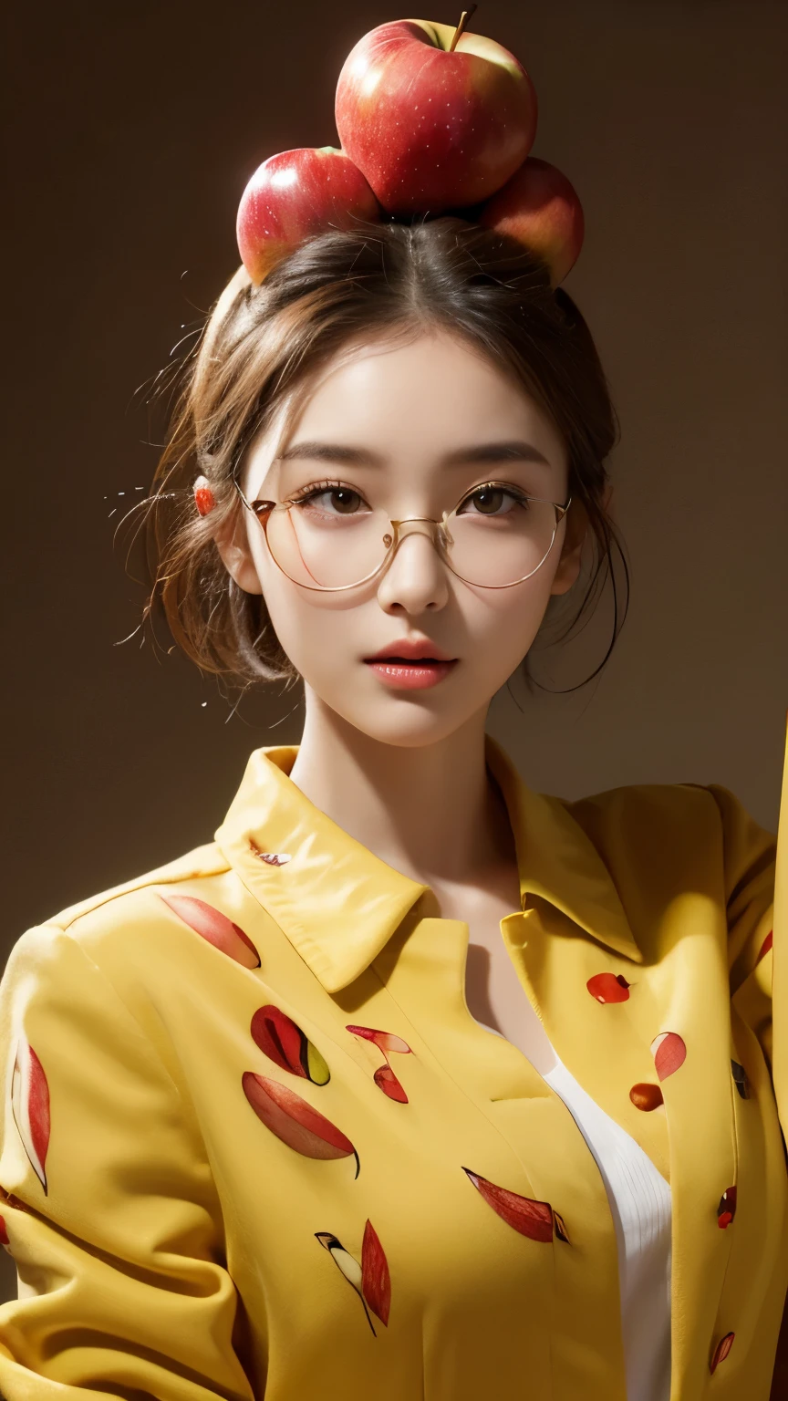 (Real, Highest quality, High resolution :1.3), One girl with a perfect body, Very beautiful face and eyes, Korean Beauty, (Slit eyes), short hair, (He has a lot of apples on his head:1.2), Apples galore, honey, Apple print jacket, Round Glasses,
