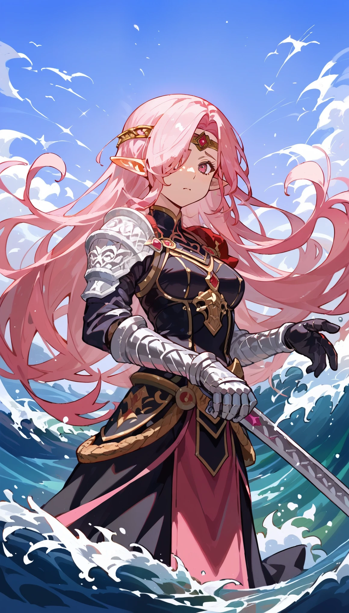 ((best quality)), ((masterpiece)), (detailed), 1girl, sexy, elf, pink hair, wave hair, shiny hair, hair over one eye, forehead protector, pointy ears, Grip the sword, hold the sword, Chainmail