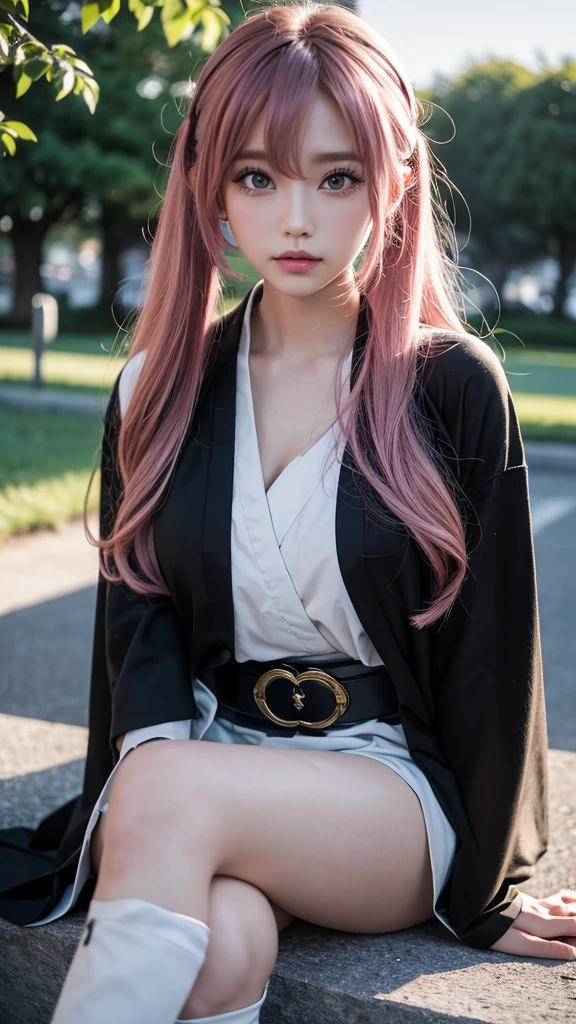 (8k, Highest quality:1.2)、masterpiece, , (Attractive Asian:1.0),(((Jinhaori)))、(((白くて長いJinhaori))),(((Black short kimono)))、 (Strong muscular body), (((Pink Hair))),(Long Hair)、((25-year-old woman))、 ((ponytail))、Disheveled Hair、 (Background is white), High resolution, (Skin Texture:1.1), Highest quality, 超High resolution, (Realistic: 1.4), RAW Photos, By Ellen von Unwerth, Nikon D850 film stock photos, 1 1 1.6 Lenses, Rich colors, Bokeh, Sharp focus, Realistic, Cinestill 800, Backlight, Rim Light, Strong sunlight, Realistic, Realistic Shadow, 3d, Hair blowing in the wind、、Voluminous lips、((Perfect Face))、((Big eyes))、Delicate eyes、Looking into the camera、belt、Upper Body、((Knee-high boots))、((Lacus Clyne))、Powerful gaze、up、hair ornaments、Voluptuous、