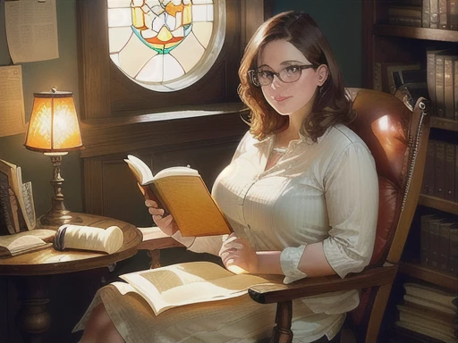 Curvy young woman, white with short brown hair, freckles and glasses, sitting in a high backed chair reading a book. Chair is in a naturally lit library with a side table with a orange stained glass lamp and a cup of coffee on it.