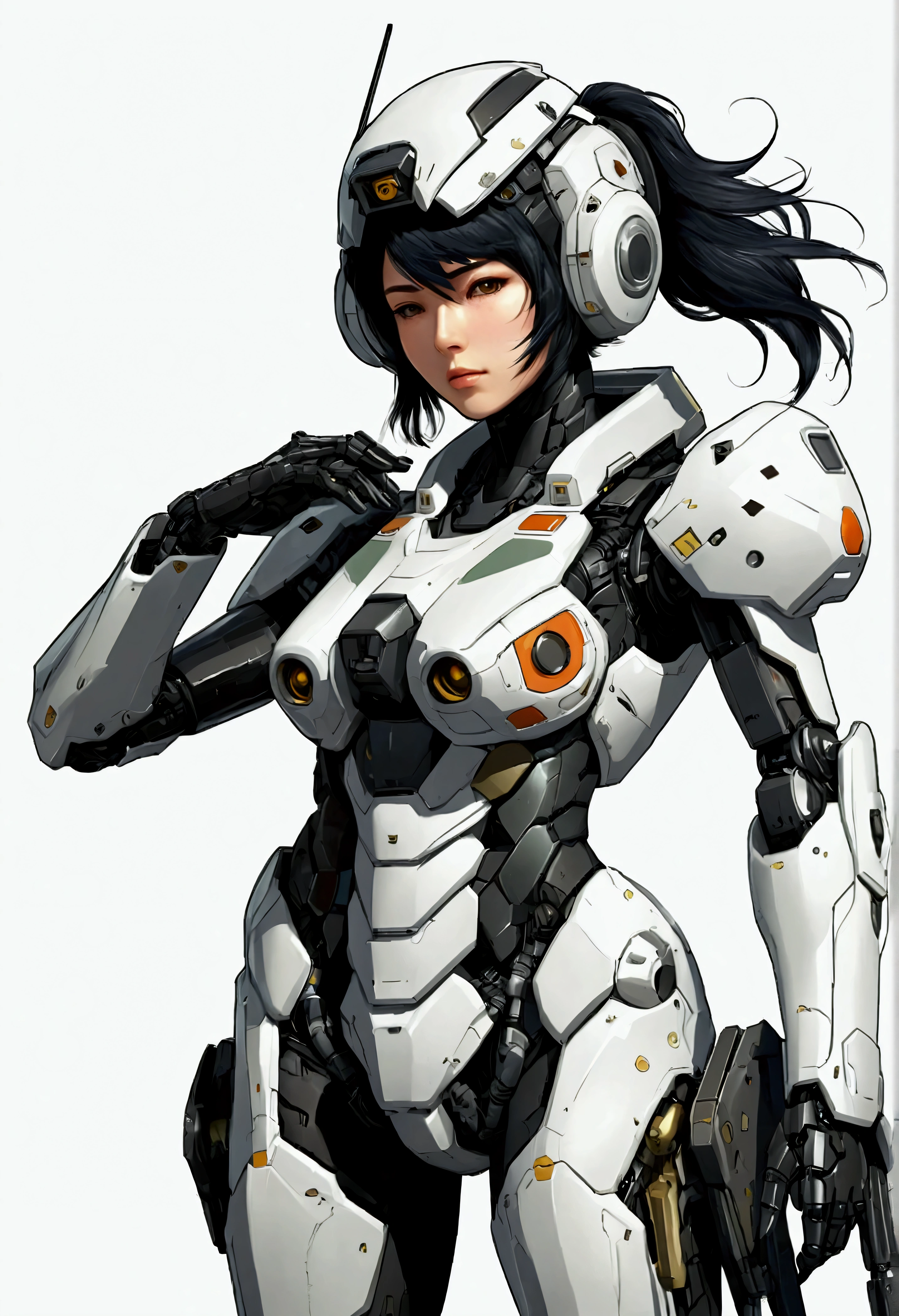Female Mecha Pilot、Short detailed hair、Japanese、Black Hair（treatment）、Multiple Concept Designs、Concept design sheet、White background、Yoji Shinkawa style、16-bit pixel art --s 750 --niji 5