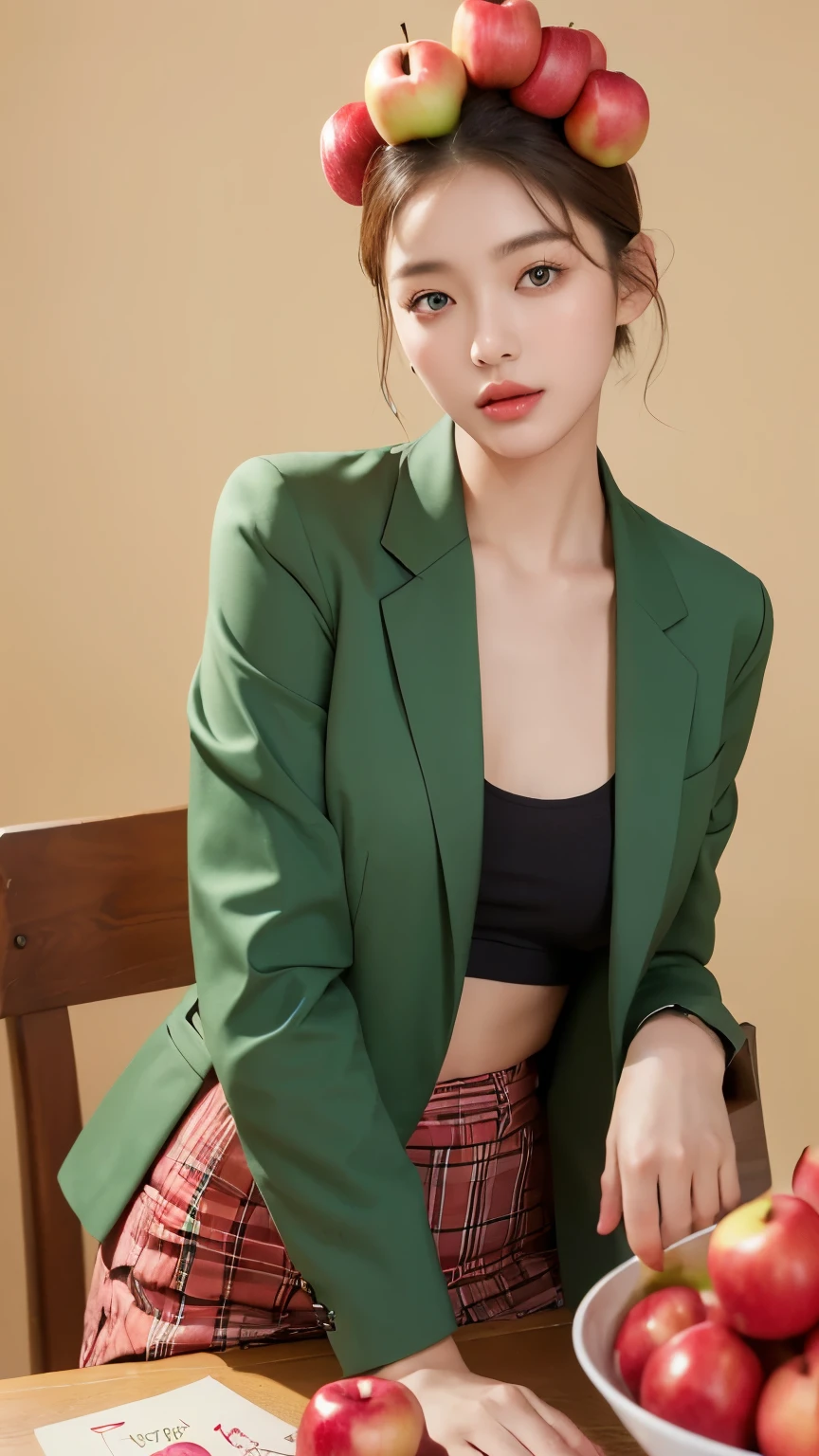 (Real, Highest quality, High resolution :1.3), One girl with a perfect body, Very beautiful face and eyes, Korean Beauty, (Slanted Eyes), short hair, (He has a lot of apples on his head:1.2), Apples galore, honey, Apple print jacket, Colored Sunglasses,