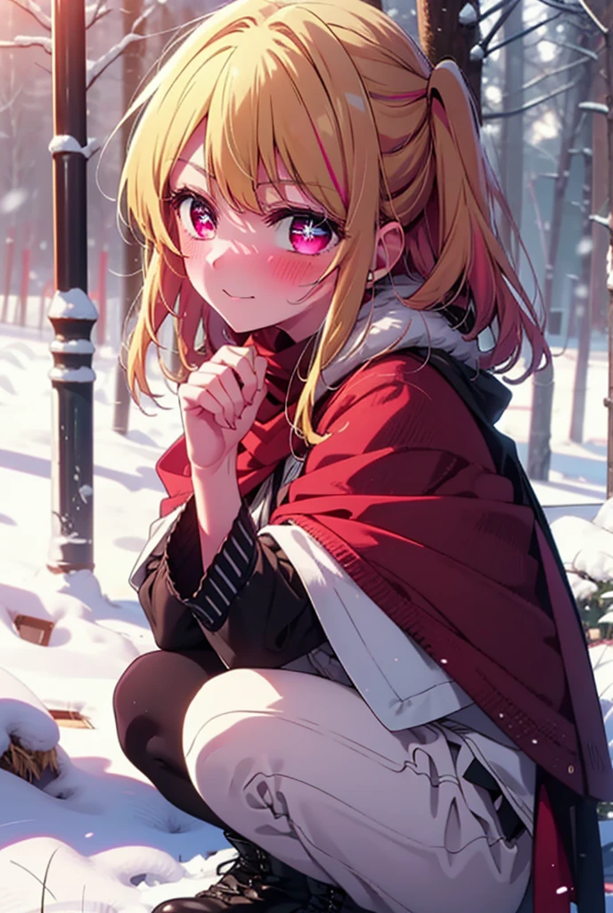 rubyhoshino, Hoshino Ruby, Long Hair, bangs, blonde, (Pink Eyes:1.3), Side Lock, (Symbol-shaped pupil:1.5), Multicolored Hair, Two-tone hair, smile,,smile,blush,white breath,
Open your mouth,snow,Ground bonfire, Outdoor, boots, snowing, From the side, wood, suitcase, Cape, Blurred, , forest, White handbag, nature, Squat, Mouth closed, Cape, winter, Written boundary depth, Black shoes, red Cape break looking at viewer, Upper Body, whole body, break Outdoor, forest, nature, break (masterpiece:1.2), Highest quality, High resolution, unity 8k wallpaper, (shape:0.8), (Beautiful and beautiful eyes:1.6), Highly detailed face, Perfect lighting, Highly detailed CG, (Perfect hands, Perfect Anatomy),