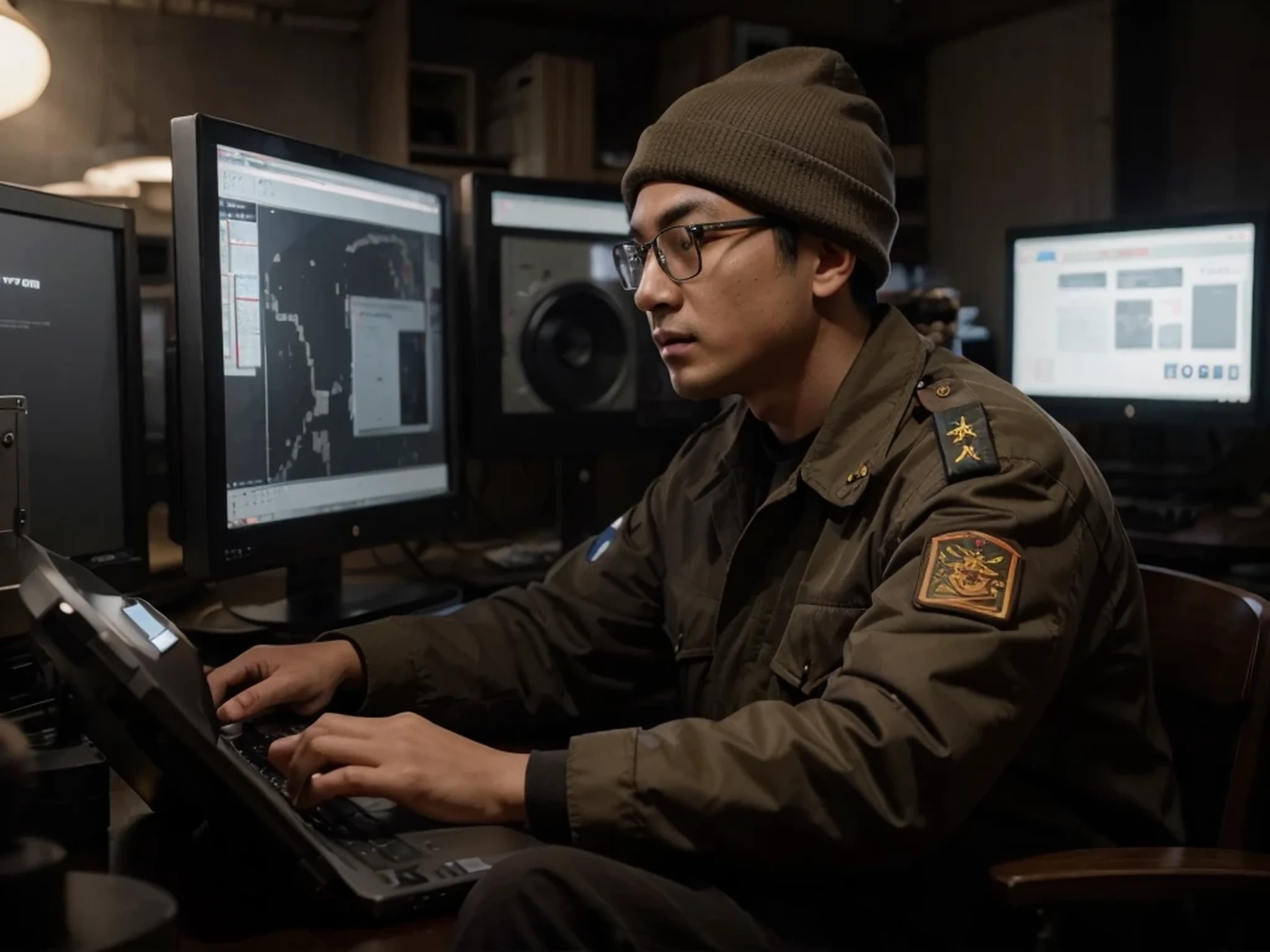 a Chinese military hacker sitting next to a laptop, wearing beige Soviet style uniform, face of a young Chinese male, thick frame glasses, black wool beanie, many advanced computers, Chinese symbols, he is in a dark military bunker, computer screens, Chinese propaganda, 4k, Ultra detailed image, realistic, Highly detailed, perfect composition, splendid, Intricately detailed, Incredibly detailed, 8 k artistic photography, hyper detailed, Masterpiece, Ultra detailed, Hyperrealistic