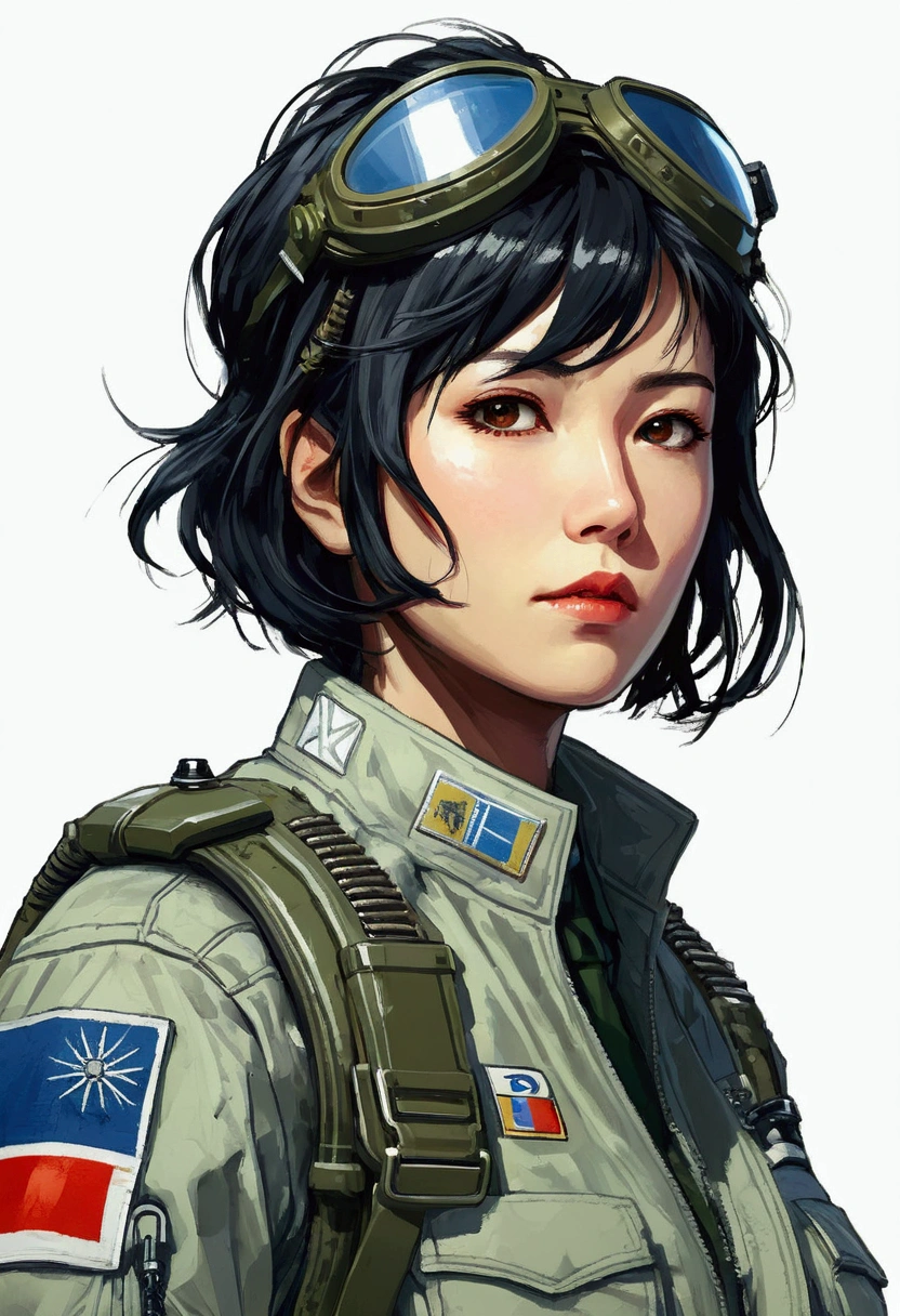 Female pilot、Short detailed hair、Japanese、Black Hair(treatment)、Multiple Concept Designs、Concept design sheet、White background、Yoji Shinkawa style、16-bit pixel art --s 750 --niji 5