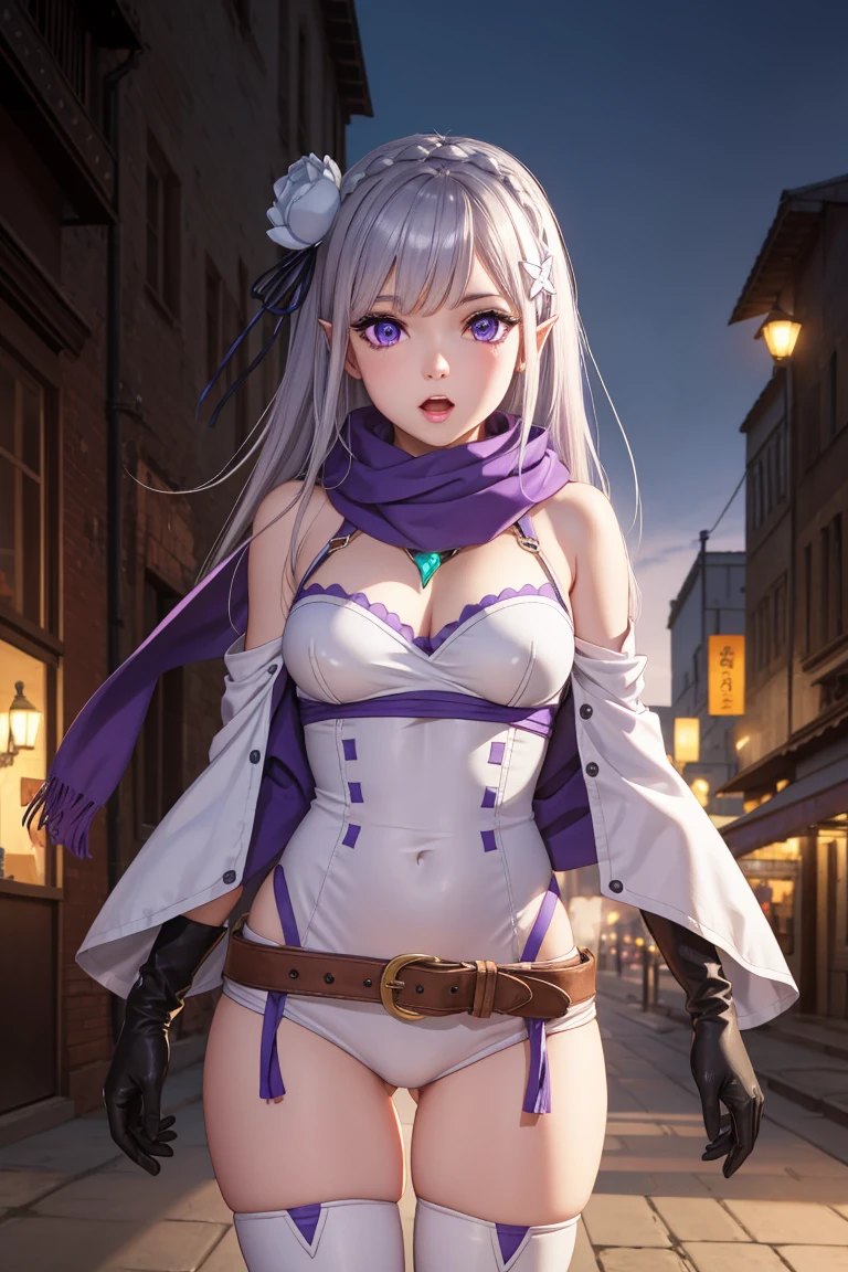 rezeroemilia, emilia, braid, crown braid, flower, hair flower, hair ornament, hair ribbon, long hair, low-tied long hair, (purple eyes:1.2), pointy ears, white flower, x hair ornament, open mouth,
BREAK (biker clothes, bodysuit, gloves, knee boots, scarf, shoulder spikes, spikes:1.2),
BREAK outdoors, city,
BREAK looking at viewer, (cowboy shot:1.5),
BREAK (masterpiece:1.2), best quality, high resolution, unity 8k wallpaper, (illustration:0.8), (beautiful detailed eyes:1.6), extremely detailed face, perfect lighting, extremely detailed CG, (perfect hands, perfect anatomy),