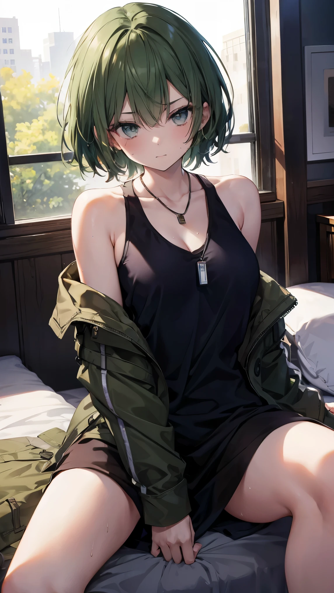 High resolution,high resolution,Girl,(Unshaven,Dark green hair,Short Hair,),Grey Eyes,Slanted Eyes,Bad mood,boyish,slender,Ghillie Suit,Bandage,Tank top,On the bed,Dark Room,Dog Tags,Assault rifle,Large Breasts,Wet with sweat,Sit on a chair,Get on one knee