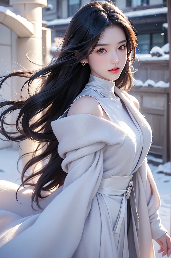 ((masterpiece:1.5、8k、Portraiture、フォトリアリスティックでVery detailedなCG、Very detailed、Particle Effects、Dynamic Effects、Shallow depth of field、Cinematic Light、Lens flare、Ray Tracing、Tabletop、Realistic:1.4、Ultra-high resolution:1.2、Realistic、Realistic))((alone、,A woman wearing a cashmere coat over an off-the-shoulder dress:1.4、wear a long scarf、Elegant woman posing、Detailed face、bright表情、young, bright, Whiter skin、Ample breasts、Best Looks、Ultimate beauty、Shiny silver hair with highlights、bright and shiny hair,、Super long, Silky straight hair、Hair dancing in the wind))(morning、The setting is outdoors in the snow、Surrounded by illuminations)
