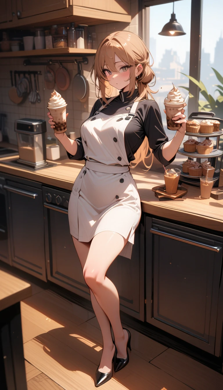 ((best quality)) , ((masterpiece)) , (detailed),1 female,(((Frappuccino))),kitchen,Female chef,High heel,((whole body))