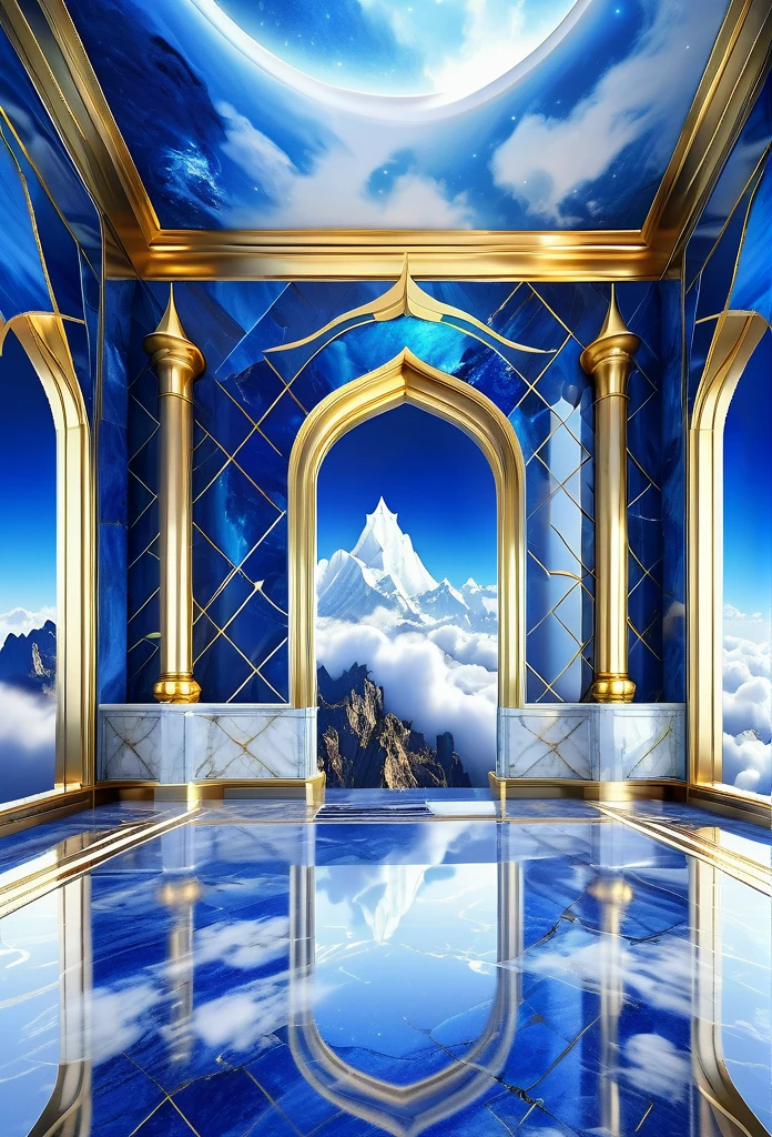 Heavenly kingdom, placed Above the highest clouds, Blue Pillers and Gold Trim, White marble Walls, HD, Ultra Scenery, Vivid lighting.