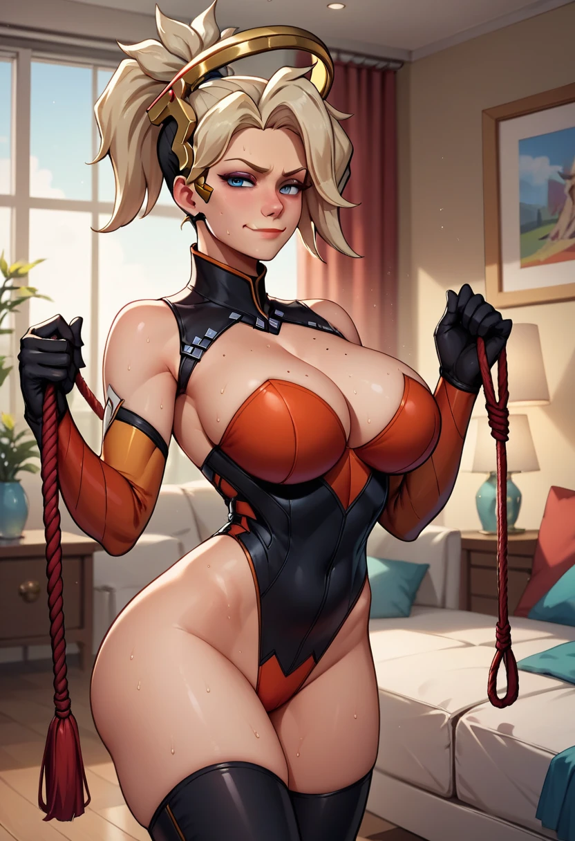 score_9, score_8_up, score_7_up, score_6_up, BREAK Mercy, wearing black leather outfit, leather gloves, big breasts, evil smirk,holding rope, sweating, in a living room, looking at viewer