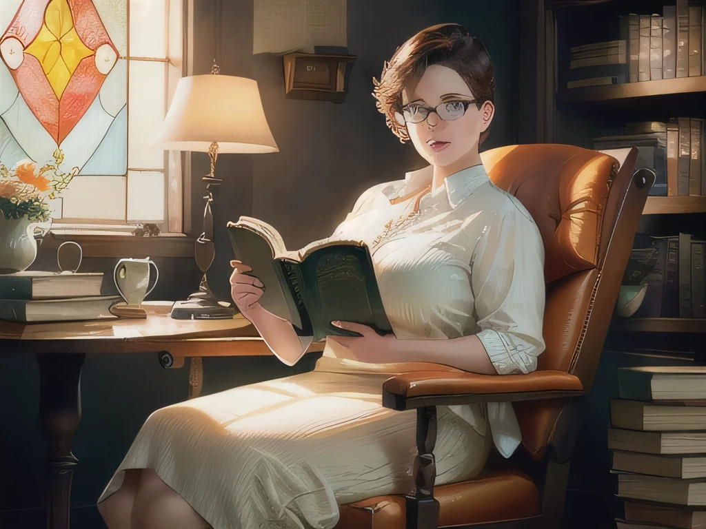 Curvy young woman, white with short brown hair, freckles and glasses, sitting in a high backed chair reading a book. Chair is in a naturally lit library with a side table with a orange stained glass lamp and a cup of coffee on it.