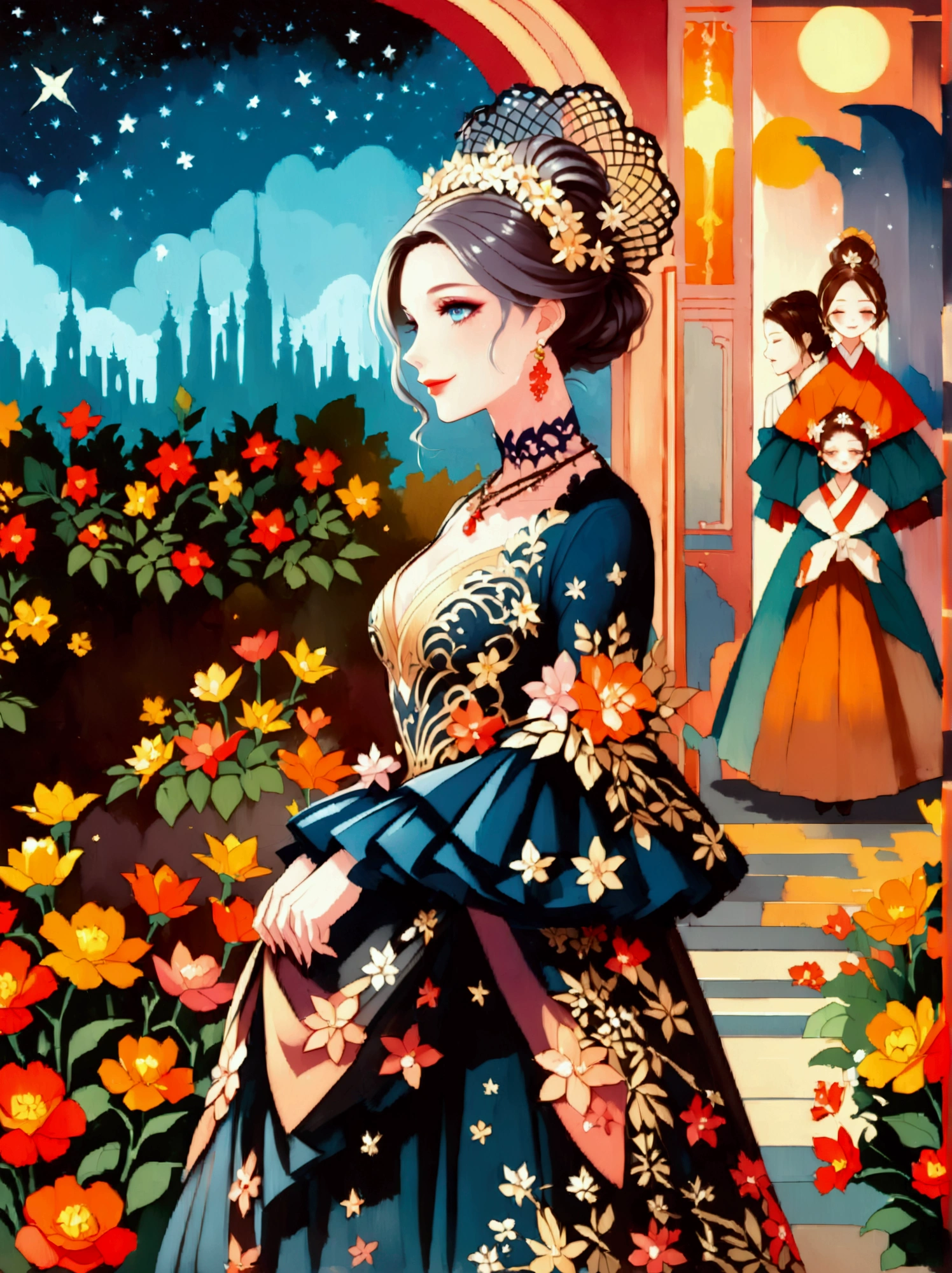 by Julien Arnal，Abstract Pictorial，Cartoon illustration，Sequins，Ambilight，Healing gouache，Starry Sky，Dark night shimmer，Youth Manga,Bright tones,gorgeous,Beautiful illustrations，Morandi color tone，Beautiful model catwalk，Performing dance steps。Wearing Ming Dynasty Hanfu，玫瑰Long skirt，Princess dress，gorgeous复古宫廷风格连衣裙，Long skirt，超Long skirt，- Wide hem，Long skirt下摆接近地面，The style is a high-end dress from the Hanfu Fashion Week，Haute couture，Private custom，Fashion show model，Big show，Tulle accessories on skirt。Necklace on the neck，short hair，Hair up，Headdress，big eyes，It's beautiful，((There was only one female model on the catwalk))，Men and women make up a large part of，The runway is covered with flowers，Background covered with flowers，Female model with a smile on her face，Standing，Elegant and dignified posture，8k，Ultra HD，masterpiece，precise，Textured Skin，High Detail，Best quality，Awards，Long Shot，Sense of distance，(Vector illustration:1.5)