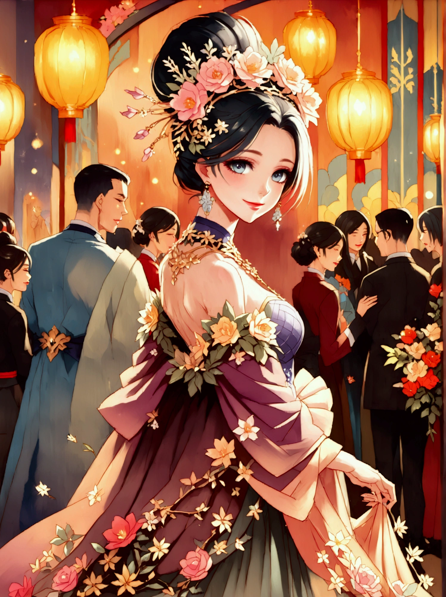 by Julien Arnal，Abstract Pictorial，Cartoon illustration，Sequins，Ambilight，Healing gouache，Starry Sky，Dark night shimmer，Youth Manga,Bright tones,gorgeous,Beautiful illustrations，Morandi color tone，Beautiful model catwalk，Performing dance steps。Wearing Ming Dynasty Hanfu，玫瑰Long skirt，Princess dress，gorgeous复古宫廷风格连衣裙，Long skirt，超Long skirt，- Wide hem，Long skirt下摆接近地面，The style is a high-end dress from the Hanfu Fashion Week，Haute couture，Private custom，Fashion show model，Big show，Tulle accessories on skirt。Necklace on the neck，short hair，Hair up，Headdress，big eyes，It's beautiful，((There was only one female model on the catwalk))，Men and women make up a large part of，The runway is covered with flowers，Background covered with flowers，Female model with a smile on her face，Standing，Elegant and dignified posture，8k，Ultra HD，masterpiece，precise，Textured Skin，High Detail，Best quality，Awards，Long Shot，Sense of distance，(Vector illustration:1.5)