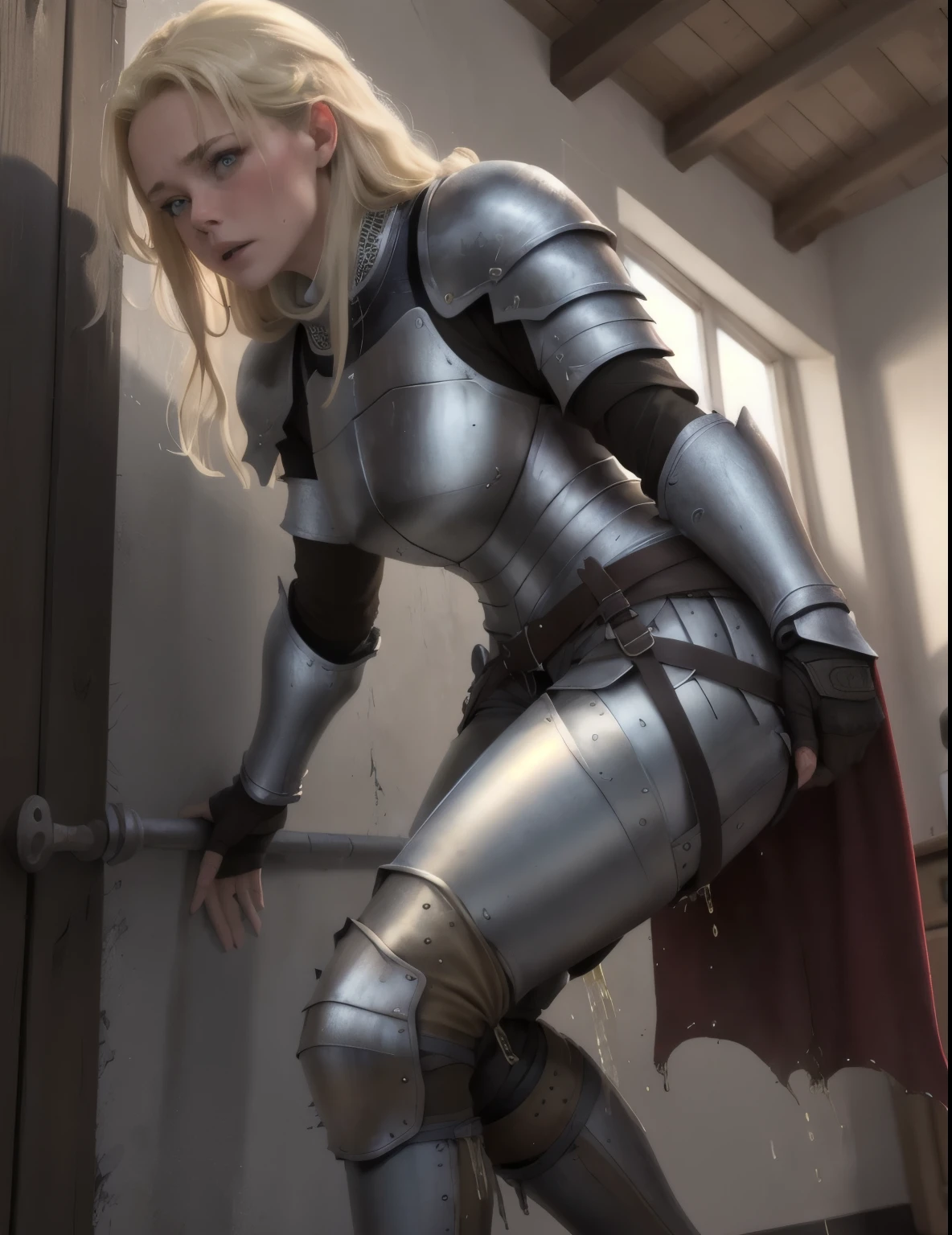 best quality, 8k high resolution, blonde dutch girl, 20 years old, blue eyes, european face, sporty statue, dressed as a female knight, pees her pants in fear, standing in front of a dragon lair, light leather armor, peeing her light brown leather breeches, peestained breeches, visible wetness, pee running down her legs, wetness spreading on her breeches, peestained breeches.