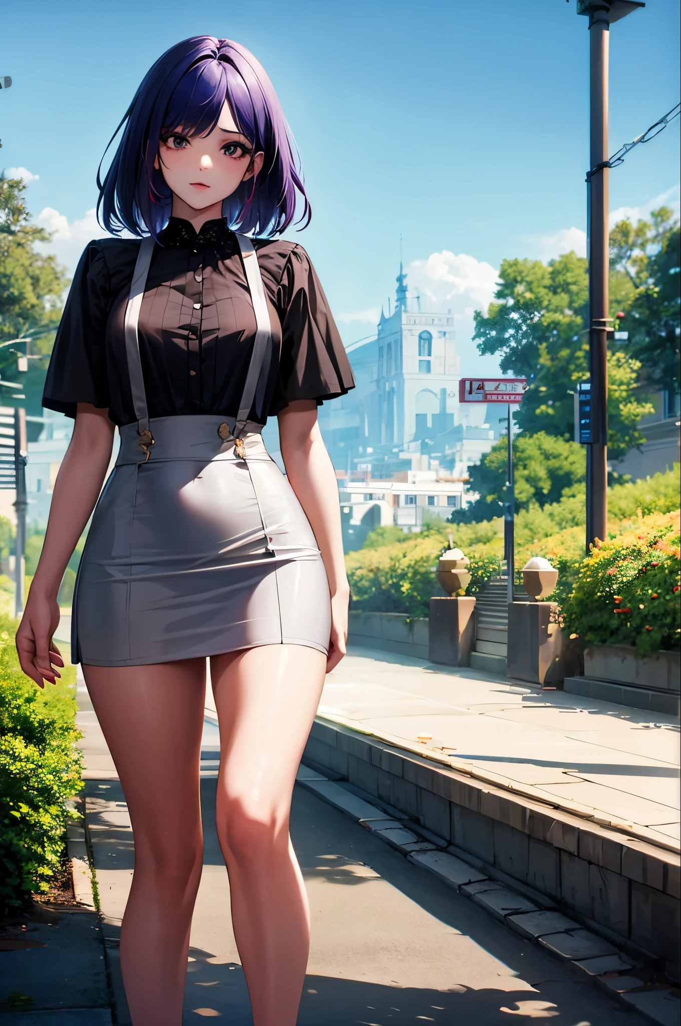 masterpiece, Top-class, Spring Dresses, Colored Hair, Outdoor, Short skirt,, suspenders, Light tulle, Wide Hips, Narrow waist, Smooth, soft and delicate skin