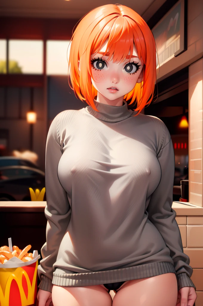 (8k uhd, masterpiece, best quality, high quality, absurdres, ultra-detailed,detailed face,detailed background),perfect lighting, 1girl, McGingerMom,orange hair,huge breasts,nipples,bobcut,(black eyes:1.25), white pupils,cowboy shot, indoors,mcdonald's:(grey sweater:1.2),clothes lift,bottomless, ,pubic hair