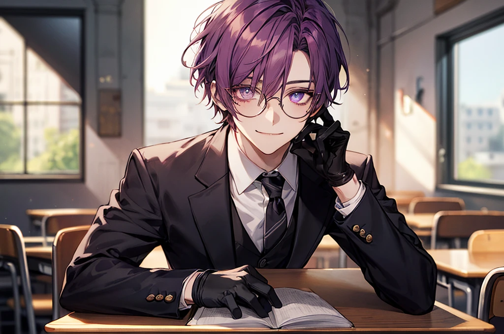 men's，short detailed hair，violet colored hair，（Eye 1：2，Clear eyes，Elaborate Eyes，Delicate pupils，Good eyes，eye detailed），Face Focus，Adult，In black suit，best qualtiy，facial detailing，‎Classroom，sit on desk，sitting in the couch，lazy，Detailed background，diffuse sunlight，depth of fields，Studying　Smiling at your desk, violet eyes,black gloves, round glasses, long sleeves,violet hair, smile,