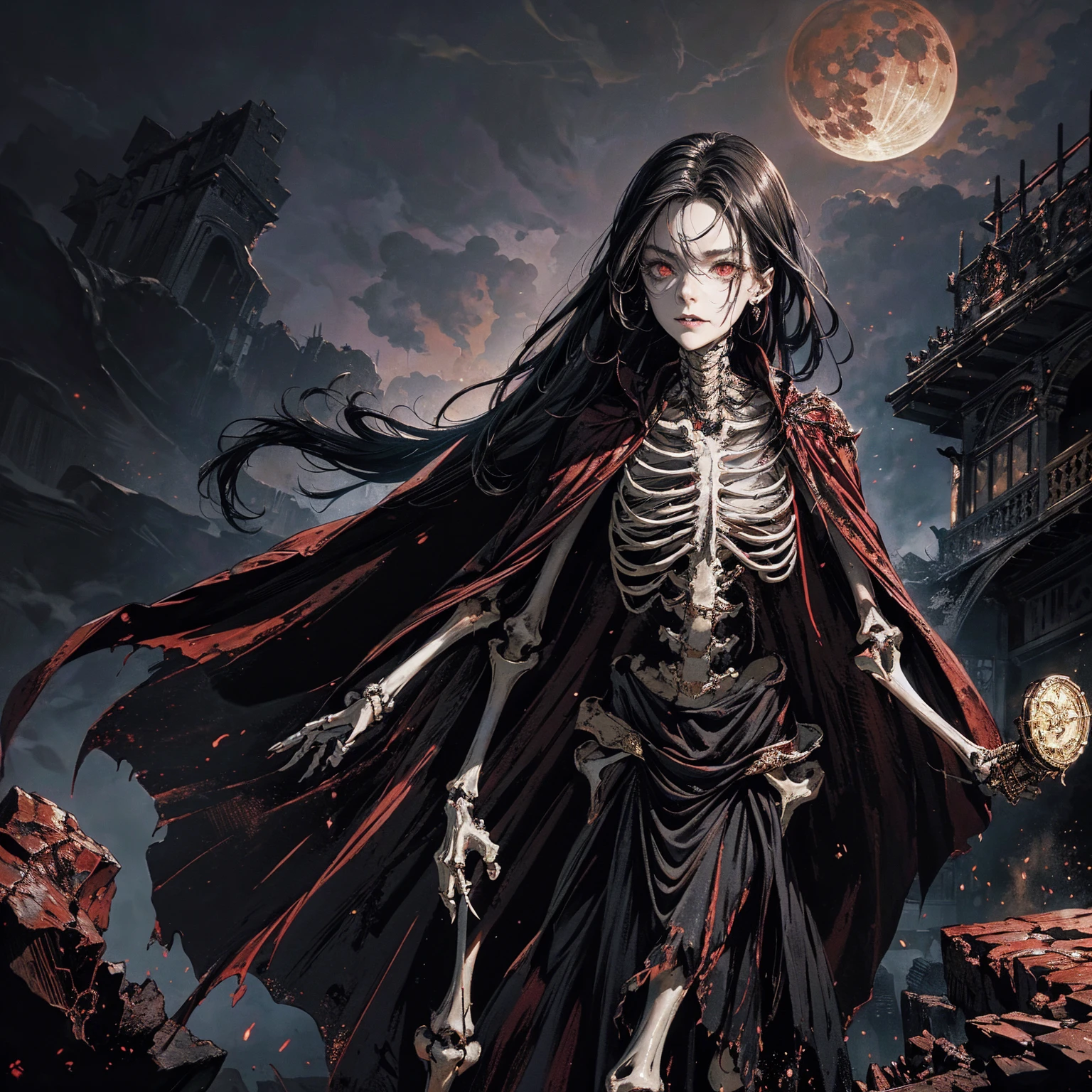 full-body shot, best quality, 4K, high resolution, masterpiece, Very detailed, Mood lighting, An undead girl in a long cape, Whole body including hands & arms & legs & feet are all skeleton bones but except the head is still beautiful human face, Wearing a ragged gothic skirt, Aloofness emotion, Dangerous sneer, Beautiful but cruel smile, Black Hair, Standing, Facing the camera, Crucified, Pitch black sky, Blood-red moon, strange atmosphere, Gothic style, Unforgettable beauty, Dramatic shadows, Ethereal Light, Mysterious atmosphere.