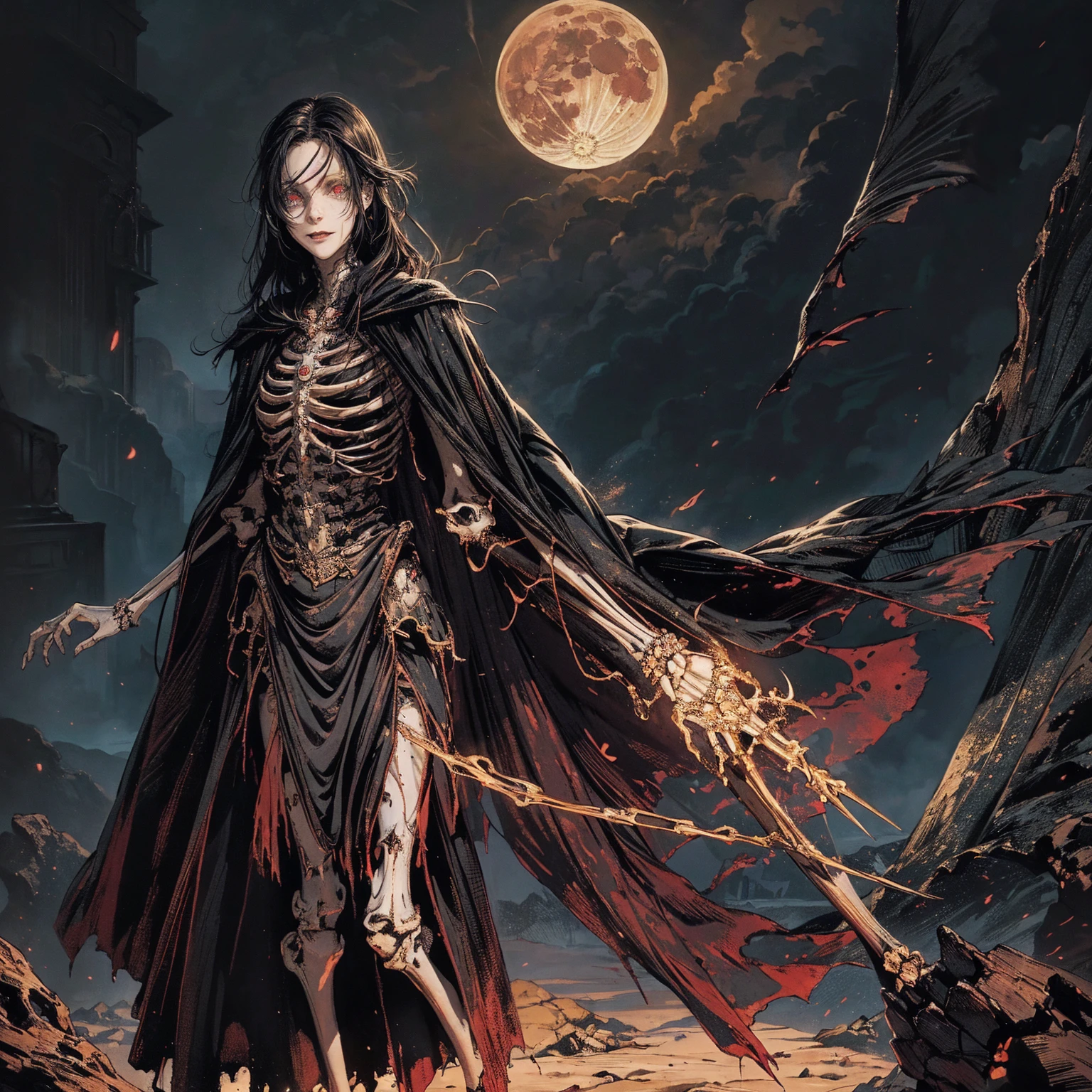 full-body shot, best quality, 4K, high resolution, masterpiece, Very detailed, Mood lighting, An undead girl in a long cape, Whole body including hands & arms & legs & feet are all skeleton bones but except the head is still beautiful human face, Wearing a ragged gothic skirt, Aloofness emotion, Dangerous sneer, Beautiful but cruel smile, Black Hair, Standing, Facing the camera, Crucified, Pitch black sky, Blood-red moon, strange atmosphere, Gothic style, Unforgettable beauty, Dramatic shadows, Ethereal Light, Mysterious atmosphere.