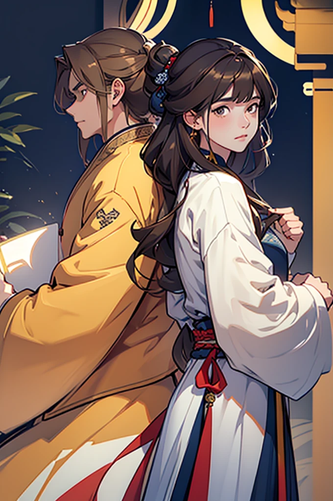 t32k, best quality, masterpiece, super detail, high details, one girl and one boy, two characters who are friends, long wavy blonde hair young man in midnight blue color clothes,long hair man, brown hair young woman in white clothes , brown eyes girl with bangs, back to back , calm expression, ancient china , flat background, Chinese pattern background