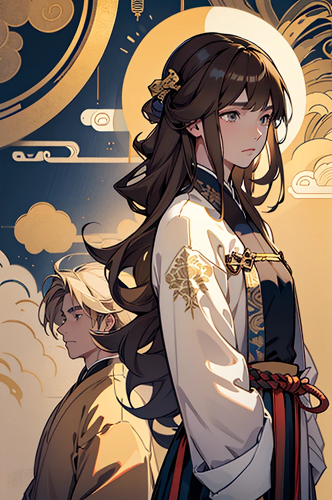 t32k, best quality, masterpiece, super detail, high details, one girl and one boy, two characters who are friends, long wavy blonde hair young man in midnight blue color clothes,long hair man, brown hair young woman in white clothes , brown eyes girl with bangs, back to back , calm expression, ancient china , flat background, Chinese pattern background