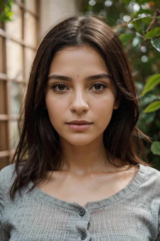 Crée une image réaliste d'une femme mexicaine ressemblant à une humaine. Elle doit avoir les cheveux bruns, des yeux verts et une peau éclatante. Les détails du visage doivent être naturels et expressifs, reflétant des traits typiques mexicains. Le teint de la peau doit être uniforme et lumineux, sans imperfections. Assure-toi que les proportions du visage et du corps sont réalistes et harmonieuses. L'éclairage doit être doux pour accentuer la beauté naturelle et les traits du visage.