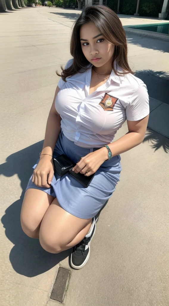1girl, (Indonesian_high_school), detailed face, detailed eyes, thick huge breasts, detailed skin, looking at the audience, clear light, (8k, RAW photo, best quality, masterpiece: 1.4), (realistic, realistic: 1.37), ultra-high resolution, photorealistic, high resolution, solo, wide muscular hips, realistic face, (detailed face), sexy pose, black hair Color, (closeup), camera shot from under, (busty), clean armpit, six pack belly, large breasts, full body angle, 19-years-old-girl, perfect thighs, muscular thighs, muscular arms, standing, wearing sexy short skirt, wearing tight shirt, asian goddess, long hair, straight hairstyle, muscular belly, thick wide muscular hips, muscular arm, full body view, curvy body, tall body, smooth body, smooth skin