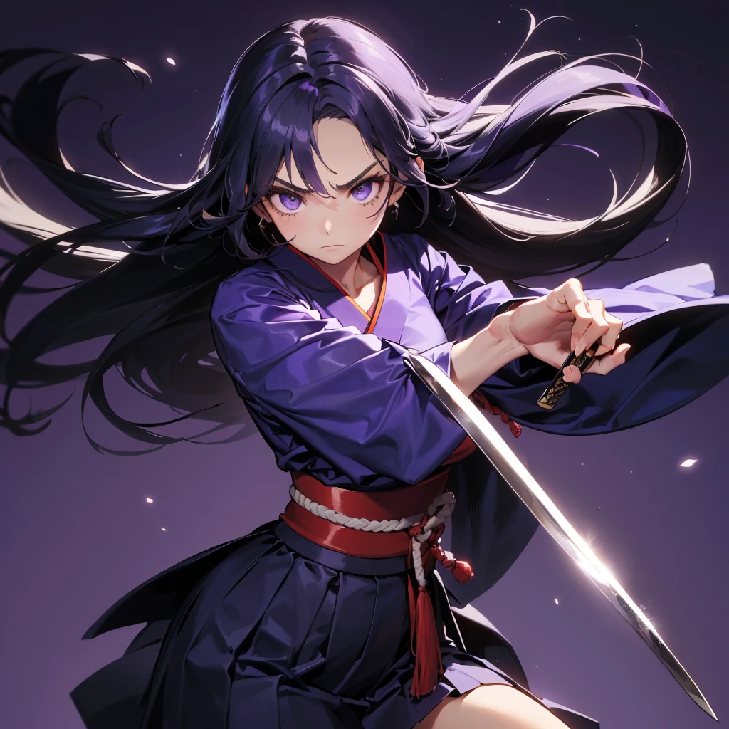 ((Perspective Lens, Woman with long hair, Dynamic poses with serious and mean expressions, Two hands brandishing a large, long Japanese sword )) ((Pure Purple Background:1.2)),Looks like she's in her early 20s,Shooting in mid-motion,With her long braided hair fluttering. Her outfit reminds me of a bee.,Black and purple color palette,And she's casually throwing money around,Be playful.,