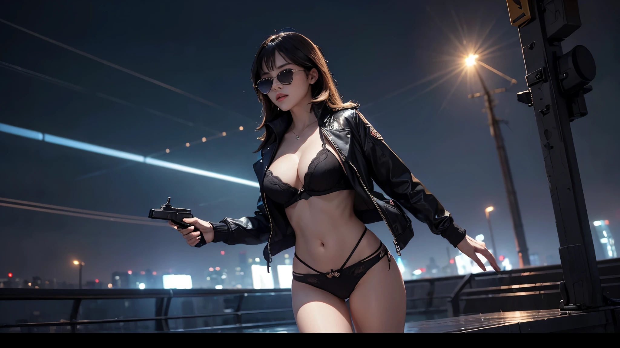 (((Masterpiece))), best quality, ultra-detailed CG unity 8k wallpaper, cyber city, tokyo, big future city at night. (1girl, solo, alone), large-breast:1.3 slim:0.7 body, long:0.4 hair, cleavage:1.1, sexy micro:0.3 laced lingerie with short:0.6 jacket, pubic hair, (black sunglasses), ((she raised a pistol:1.8 and shot the viewer)), running pose, ((half-body thigh:0.95 level medium shot)), cinematic lighting, lens flare, ray tracing.