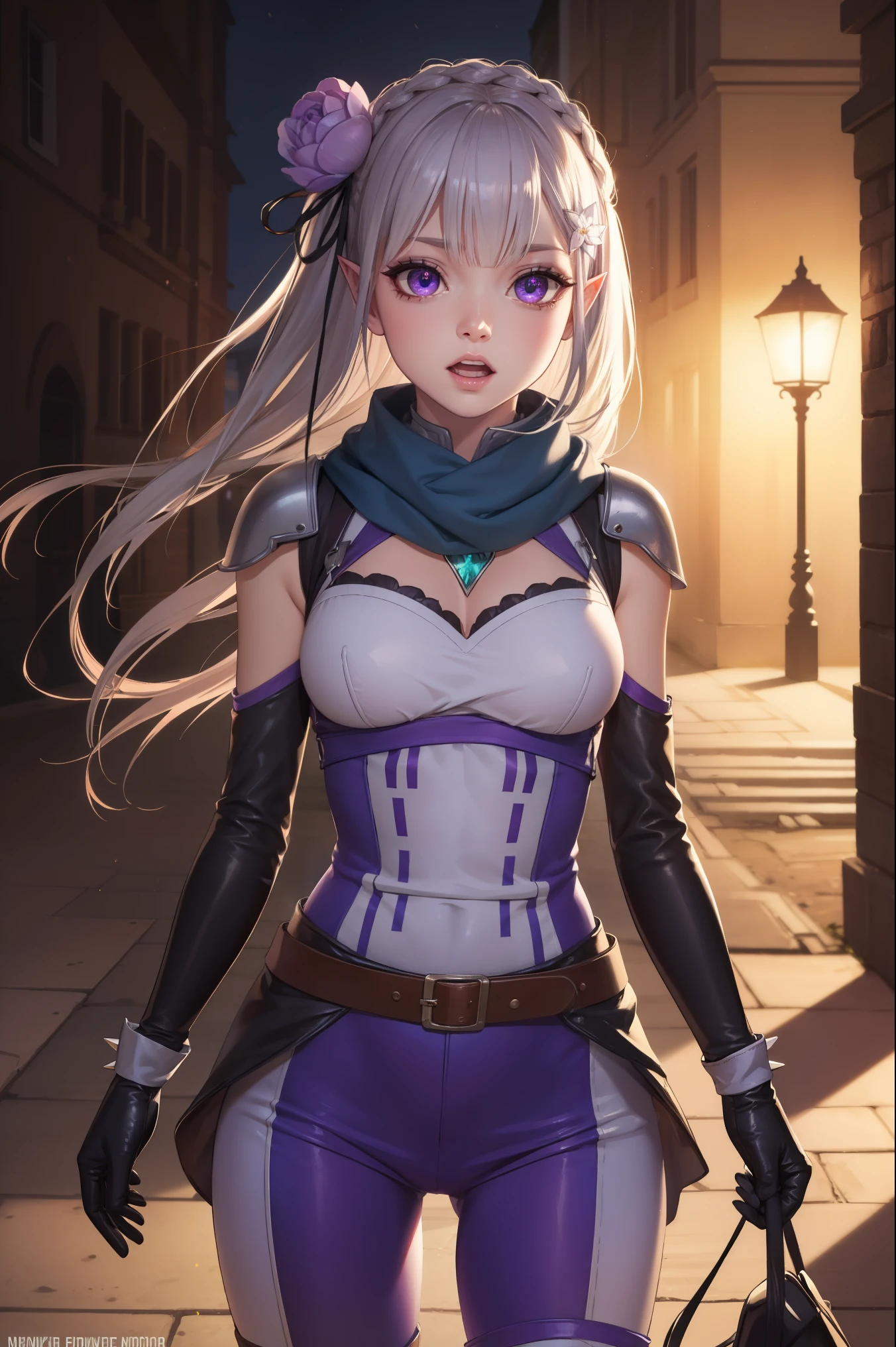 rezeroemilia, emilia, braid, crown braid, flower, hair flower, hair ornament, hair ribbon, long hair, low-tied long hair, (purple eyes:1.2), pointy ears, white flower, x hair ornament, open mouth,
BREAK (biker clothes, bodysuit, gloves, knee boots, scarf, shoulder spikes, spikes:1.2),
BREAK outdoors, city,
BREAK looking at viewer, (cowboy shot:1.5),
BREAK (masterpiece:1.2), best quality, high resolution, unity 8k wallpaper, (illustration:0.8), (beautiful detailed eyes:1.6), extremely detailed face, perfect lighting, extremely detailed CG, (perfect hands, perfect anatomy),