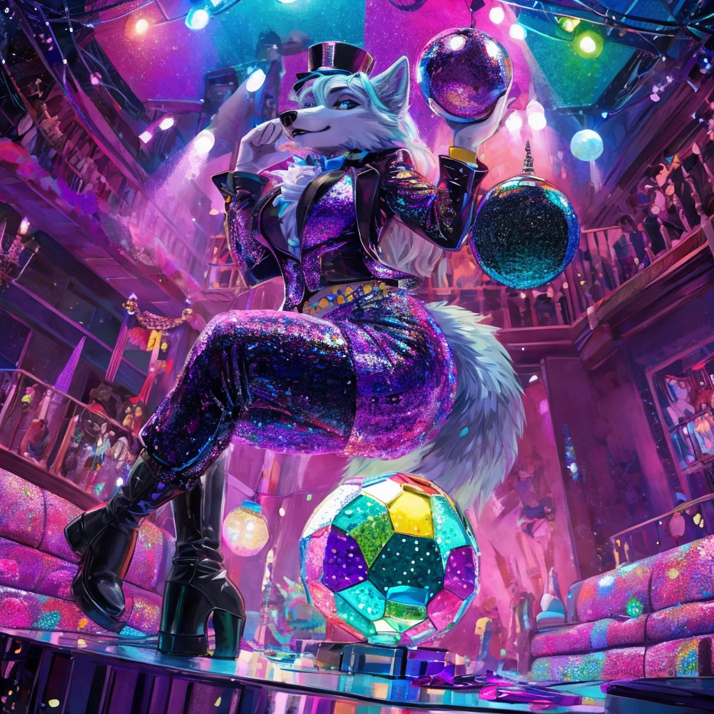 A wolf in a shiny sequin jacket and dark trousers and boots, and a top hat hanging on a disco ball, three-quarter angle
