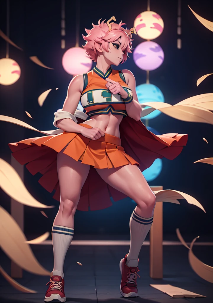 mina ashido, 1girl, solo, looking at viewer, short hair, simple background, yellow eyes, pink hair, horns, colored skin, colored sclera, black sclera, pink skin, U.A. CheerUniform, orange skirt, (bare belly), perfect shading, bare shoulders, big breasts