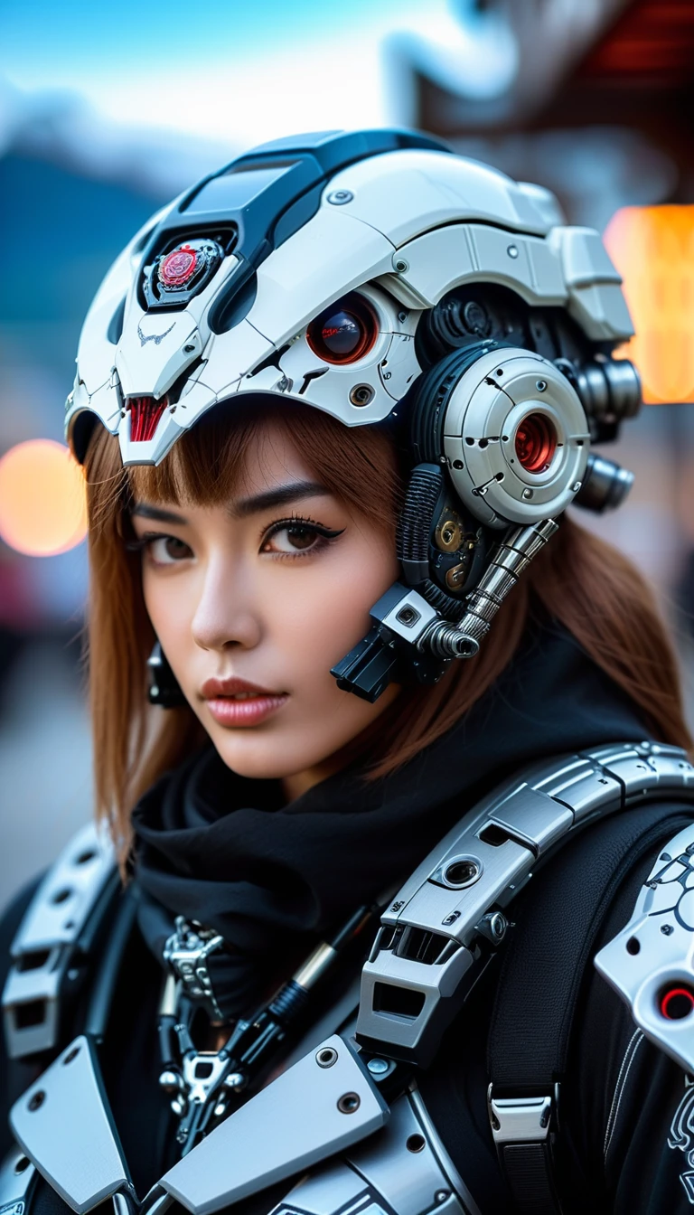 Close-up of a very beautiful girl adorned with robotiec elements, cyberpunk environment, (mysterious) and (brutal) ambiance, mechanized military helmet detail decorated with terminator bones skull.
Photo taken with Canon EOS R5 85mm f/11 Camera, ((sharp)) mode of people and surrounding scenery. Image quality ((8K)), ((lifelike)), ((masterpiece)), ((sharp and highest contrast)), ((great depth of field)), ((light stereolithography)).