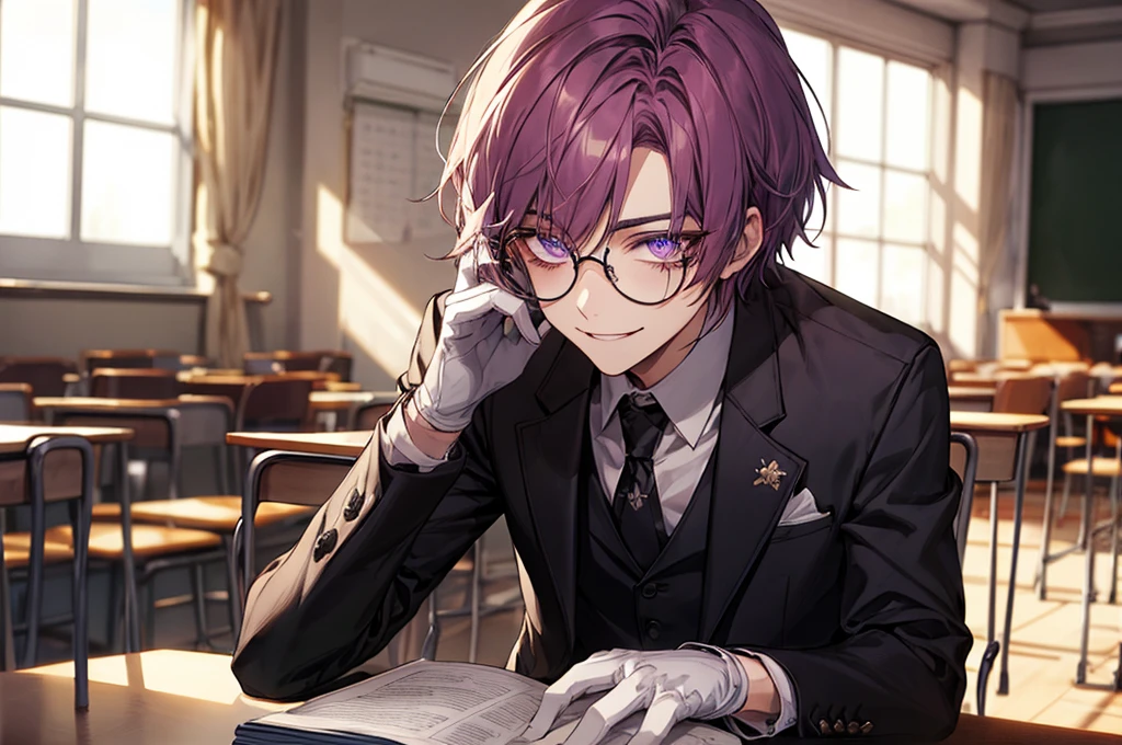 men's,short detailed hair,violet colored hair,(Eye 1:2,Clear eyes,Elaborate Eyes,Delicate pupils,Good eyes,eye detailed),Face Focus,Adult,In black suit,best qualtiy,facial detailing,Classroom,sit on desk,sitting in the couch,lazy,Detailed background,diffuse sunlight,depth of fields,Studying Smiling at your desk, violet eyes,black gloves, round glasses, long sleeves,violet hair, smile,