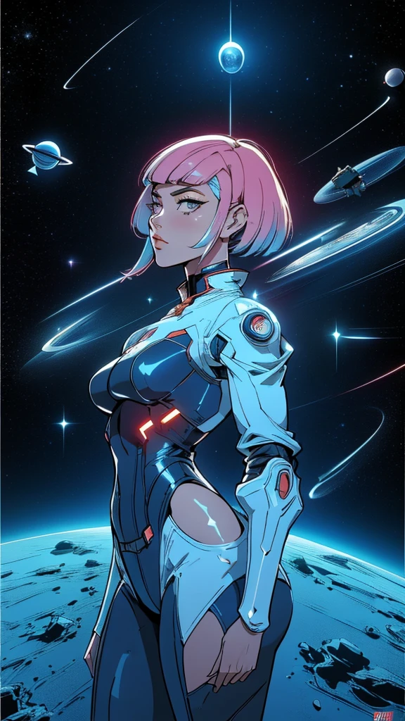 ((masterpiece, Highest quality)), 32K Wallpapers, Very detailed, posters, Vintage science fiction, 1960s,(((space thriller cinematic movie posters))), (Bauhaus), shape,Abstract, Midcentury Modern, movie posters, Vintage, A woman fused with a robot,アニメ,1970s,Halftone,Speech bubble,Milky Way,(superhero),((portfolio,close)),Cyborg of the Future,Combination of machine and woman,Space,Cyborg Lady,Big Breasts,Erect nipples,