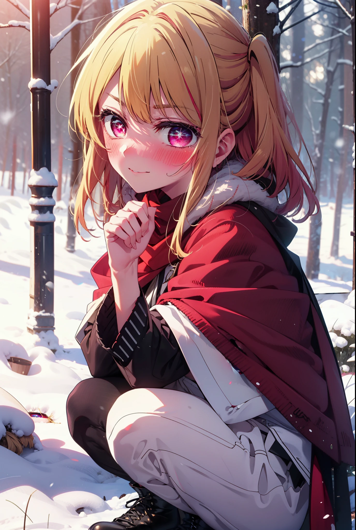 rubyhoshino, Hoshino Ruby, Long Hair, bangs, blonde, (Pink Eyes:1.3), Side Lock, (Symbol-shaped pupil:1.5), Multicolored Hair, Two-tone hair, smile,,smile,blush,white breath,
Open your mouth,snow,Ground bonfire, Outdoor, boots, snowing, From the side, wood, suitcase, Cape, Blurred, , forest, White handbag, nature, Squat, Mouth closed, Cape, winter, Written boundary depth, Black shoes, red Cape break looking at viewer, Upper Body, whole body, break Outdoor, forest, nature, break (masterpiece:1.2), Highest quality, High resolution, unity 8k wallpaper, (shape:0.8), (Beautiful and beautiful eyes:1.6), Highly detailed face, Perfect lighting, Highly detailed CG, (Perfect hands, Perfect Anatomy),