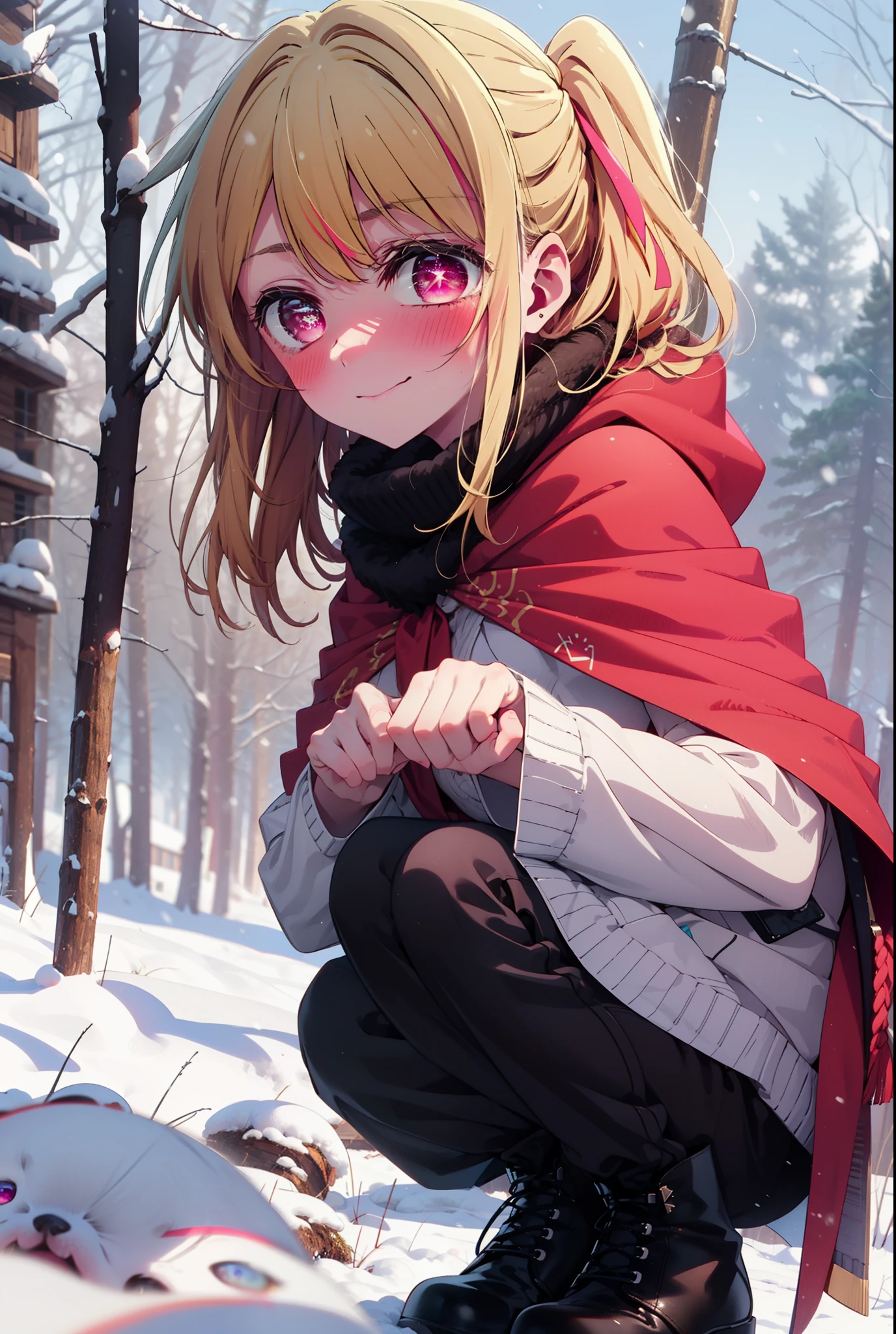 rubyhoshino, Hoshino Ruby, Long Hair, bangs, blonde, (Pink Eyes:1.3), Side Lock, (Symbol-shaped pupil:1.5), Multicolored Hair, Two-tone hair, smile,,smile,blush,white breath,
Open your mouth,snow,Ground bonfire, Outdoor, boots, snowing, From the side, wood, suitcase, Cape, Blurred, , forest, White handbag, nature, Squat, Mouth closed, Cape, winter, Written boundary depth, Black shoes, red Cape break looking at viewer, Upper Body, whole body, break Outdoor, forest, nature, break (masterpiece:1.2), Highest quality, High resolution, unity 8k wallpaper, (shape:0.8), (Beautiful and beautiful eyes:1.6), Highly detailed face, Perfect lighting, Highly detailed CG, (Perfect hands, Perfect Anatomy),