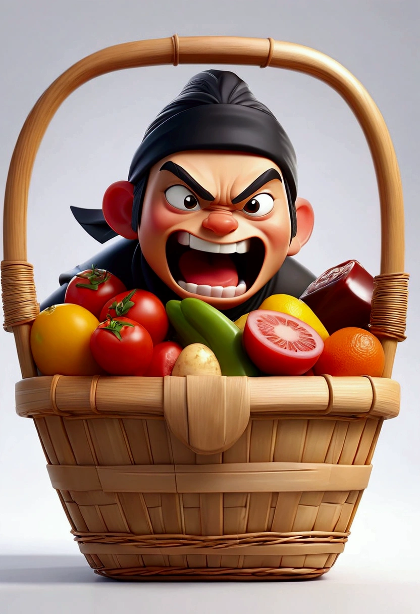 ((best quality)), ((masterpiece)), (detailed), make a caricature logo of a shopping basket, inside there is foods, the basket inscribed ninja, blanc background