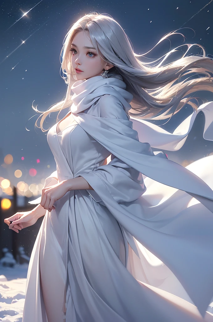 ((masterpiece:1.5、8k、Portraiture、フォトリアリスティックでVery detailedなCG、Very detailed、Particle Effects、Dynamic Effects、Shallow depth of field、Cinematic Light、Lens flare、Ray Tracing、Tabletop、Realistic:1.4、Ultra-high resolution:1.2、Realistic、Realistic))((alone、,A woman wearing a cashmere coat over an off-the-shoulder dress:1.4、wear a long scarf、Elegant woman posing、Detailed face、bright表情、young, bright, Whiter skin、Ample breasts、Best Looks、Ultimate beauty、Shiny silver hair with highlights、bright and shiny hair,、Super long, Silky straight hair、Hair dancing in the wind))(morning、The setting is outdoors in the snow、Surrounded by illuminations)