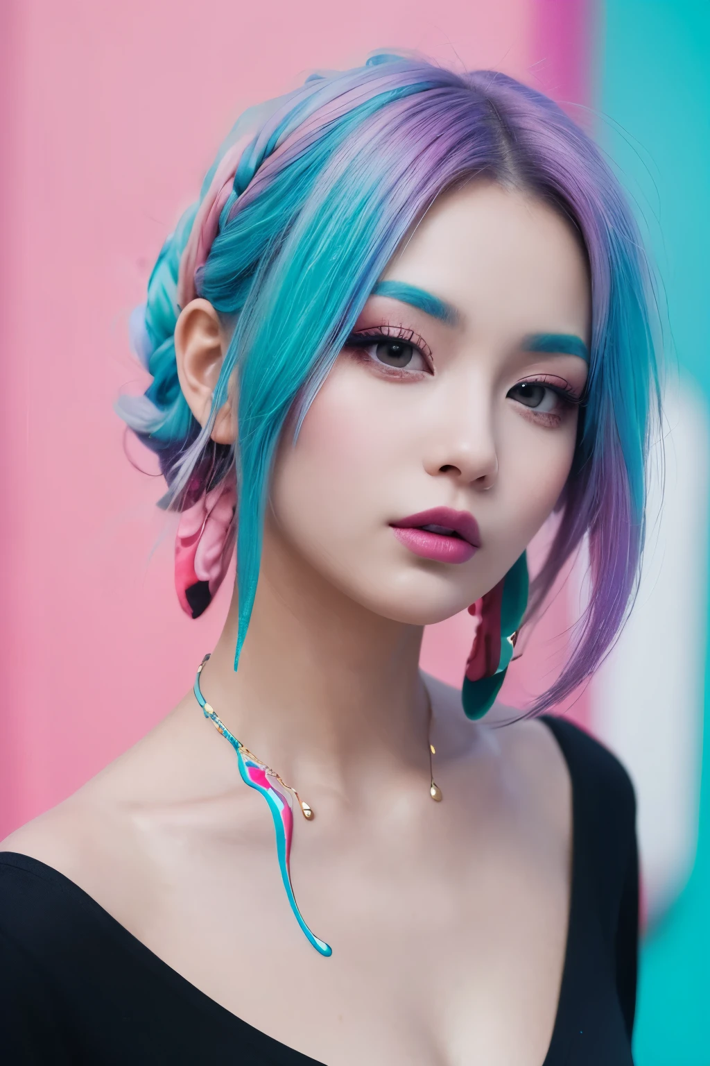 high quality, High resolution, Realistic、8k、masterpiece, completion, detailed.impressive, Cutting-edge female photography portraits, (Holding melted soft serve ice cream)、Showcasing a bold and daring street-art style. Facing forward、cyan, and purple, Her vibrant makeup really catches the eye.. Her colorful hair is tied up high, Blue and pink hues in harmony