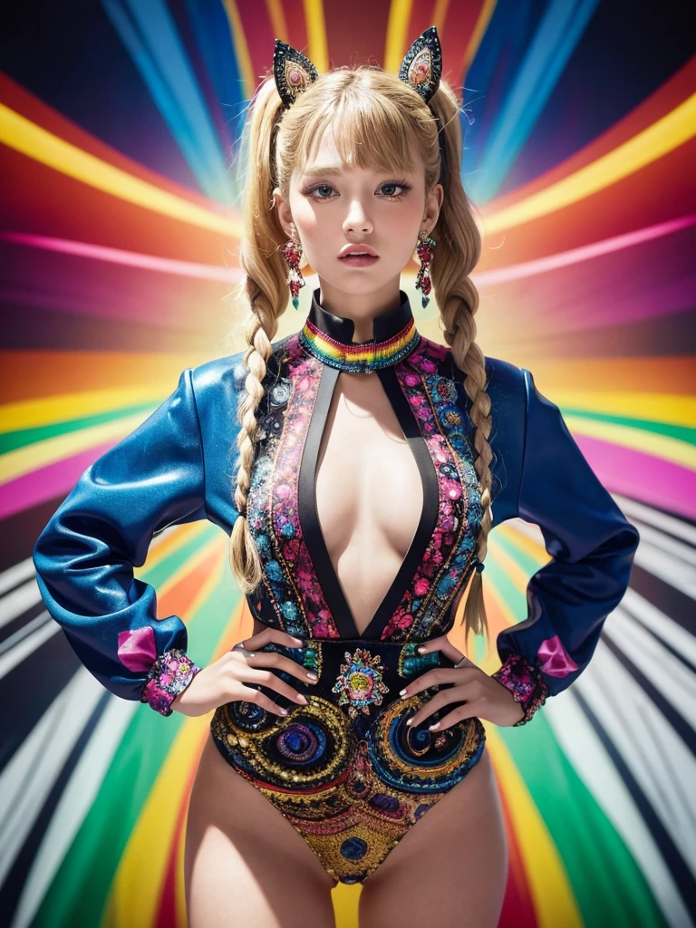In a striking 16K UE5 editorial photograph, Olivia Gibbs poses against a vibrant patchwork backdrop reminiscent of ancient Rome's colorful mosaics. The model wears an exquisite Haute Couture ensemble: a lavish velvet dress with intricate ruffles, complemented by a dazzling diamond necklace and earrings forming a collar. Her loose braids adorned with crystal beads shimmer in the bright sunlight, accentuating her features. Against this whimsical setting, Olivia strikes a bold pose, surrounded by blurred lines, distorted shapes, and edgy silhouettes that defy gravity. In a vibrant, swirling vortex of psychedelic art, a 1.3-meter-tall blonde-haired girl with twintails stands confidently, her eyes glowing with an otherworldly intensity. She wears oversized street-inspired clothing with graphic prints and bold accessories, exuding an air of futuristic coolness. The cowboy shot framing captures her striking figure, with the digital sculpture's 3D form seemingly bursting forth from a sea of hallucinatory visuals. Mind-expanding imagery abounds in this ultra-detailed, high-resolution artwork, a true masterpiece of innovative design and cutting-edge technology. random rainbow color