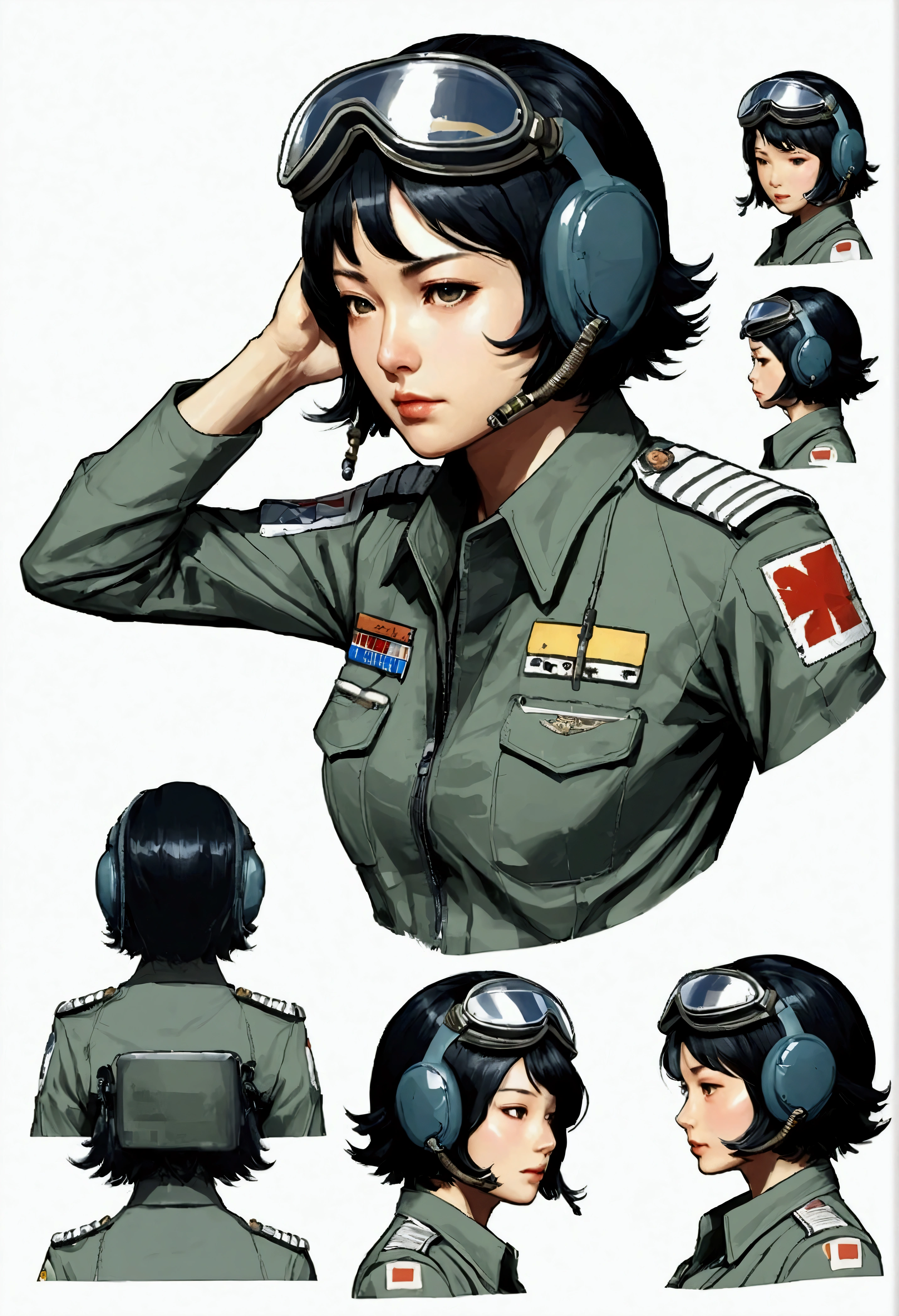 Female pilot、Short detailed hair、Japanese、Black Hair（treatment）、Multiple Concept Designs、Concept design sheet、White background、Yoji Shinkawa style、16-bit pixel art --s 750 --niji 5