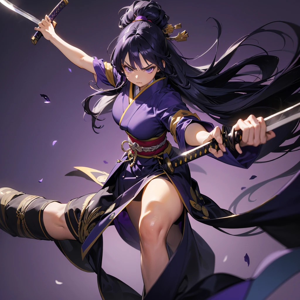 ((Perspective Lens, Woman with long hair,  Dynamic poses with serious and mean expressions, Two hands brandishing a large, long Japanese sword )) ((Pure Purple Background:1.2)),Looks like she&#39;s in her early 20s,Shooting in mid-motion,With her long braided hair fluttering. Her outfit reminds me of a bee.,Black and mauve color palette,And she&#39;s casually throwing money around,Be playful.,