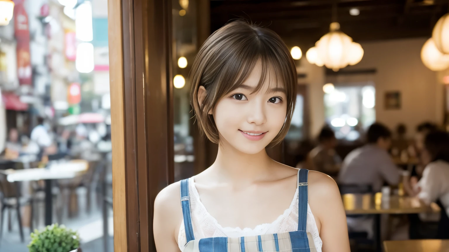 super high quality, smile, Slenderのネックレス, Slender, The staff is working at the counter in the back., (8k、RAW Photos、Highest quality、masterpiece:1.2), Japanese Idol, Stylish café, (Realistic、Photorealistic:1.37), Mesh Hair, Urban Cafe, Golden Ratio, Raw photo, Cute face , Light Brown Hair, Small breasts, Bright cafe interior, Blurred Background, Summer clothes, Cafe Terrace, Open Cafe, Photographed inside the cafe, Hair blowing in the wind, Neat clothes, ponytail, boyish, Very Short Hair, 18-year-old,
