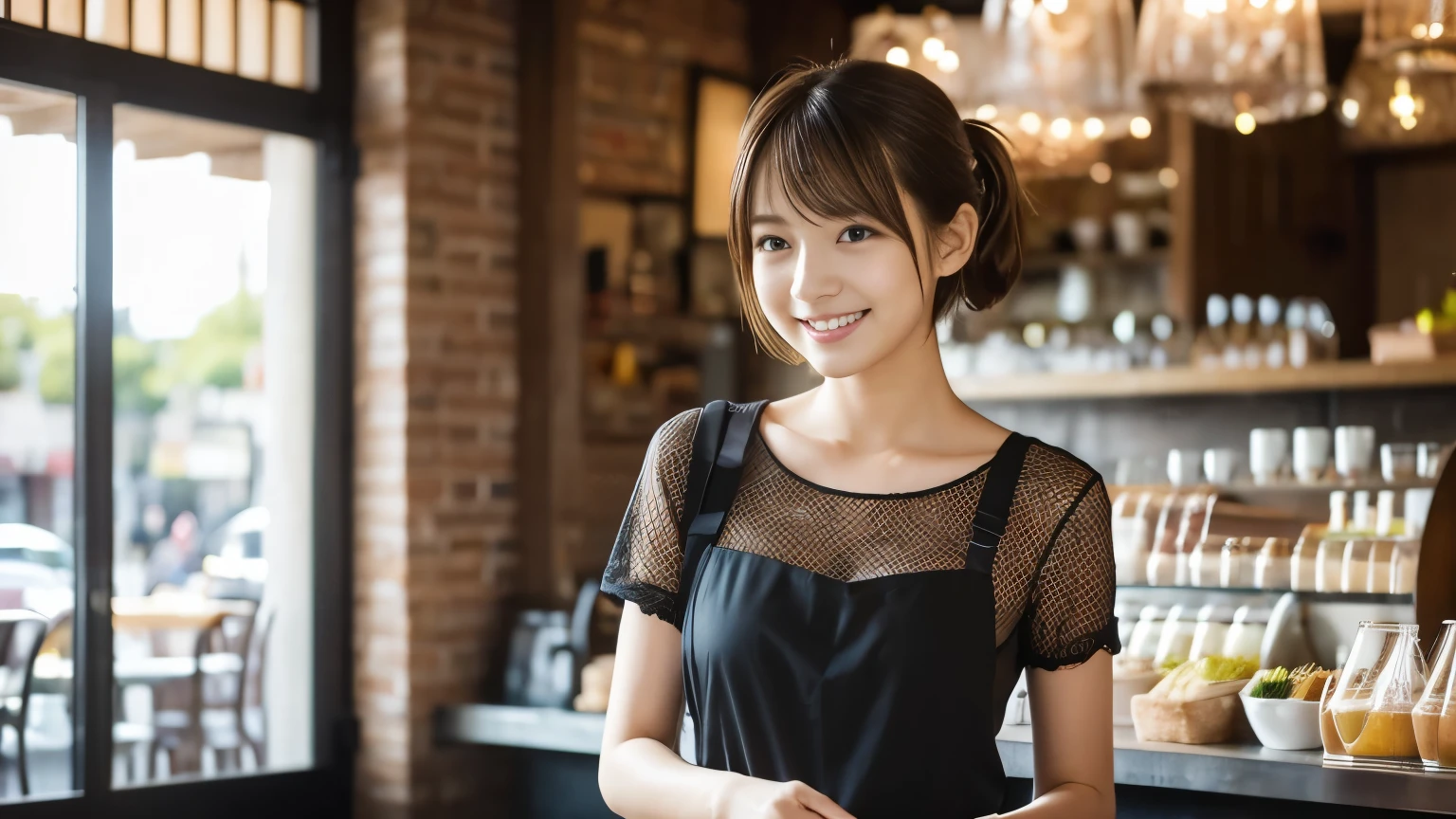 super high quality, smile, Slenderのネックレス, Slender, The staff is working at the counter in the back., (8k、RAW Photos、Highest quality、masterpiece:1.2), Japanese Idol, Stylish café, (Realistic、Photorealistic:1.37), Mesh Hair, Urban Cafe, Golden Ratio, Raw photo, Cute face , Light Brown Hair, Small breasts, Bright cafe interior, Blurred Background, Summer clothes, Cafe Terrace, Open Cafe, Photographed inside the cafe, Hair blowing in the wind, Neat clothes, ponytail, boyish, Very Short Hair, 18-year-old,